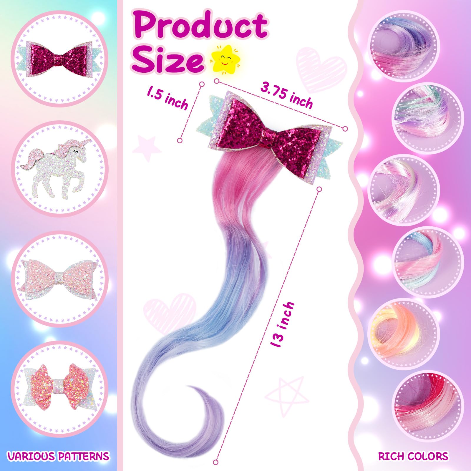 6 Pieces Unicorn Hair Clips For Girls, Bow Curly Rainbow Hair Extensions For Kids, Little Girl Hair Clips Accessories For Ponyta