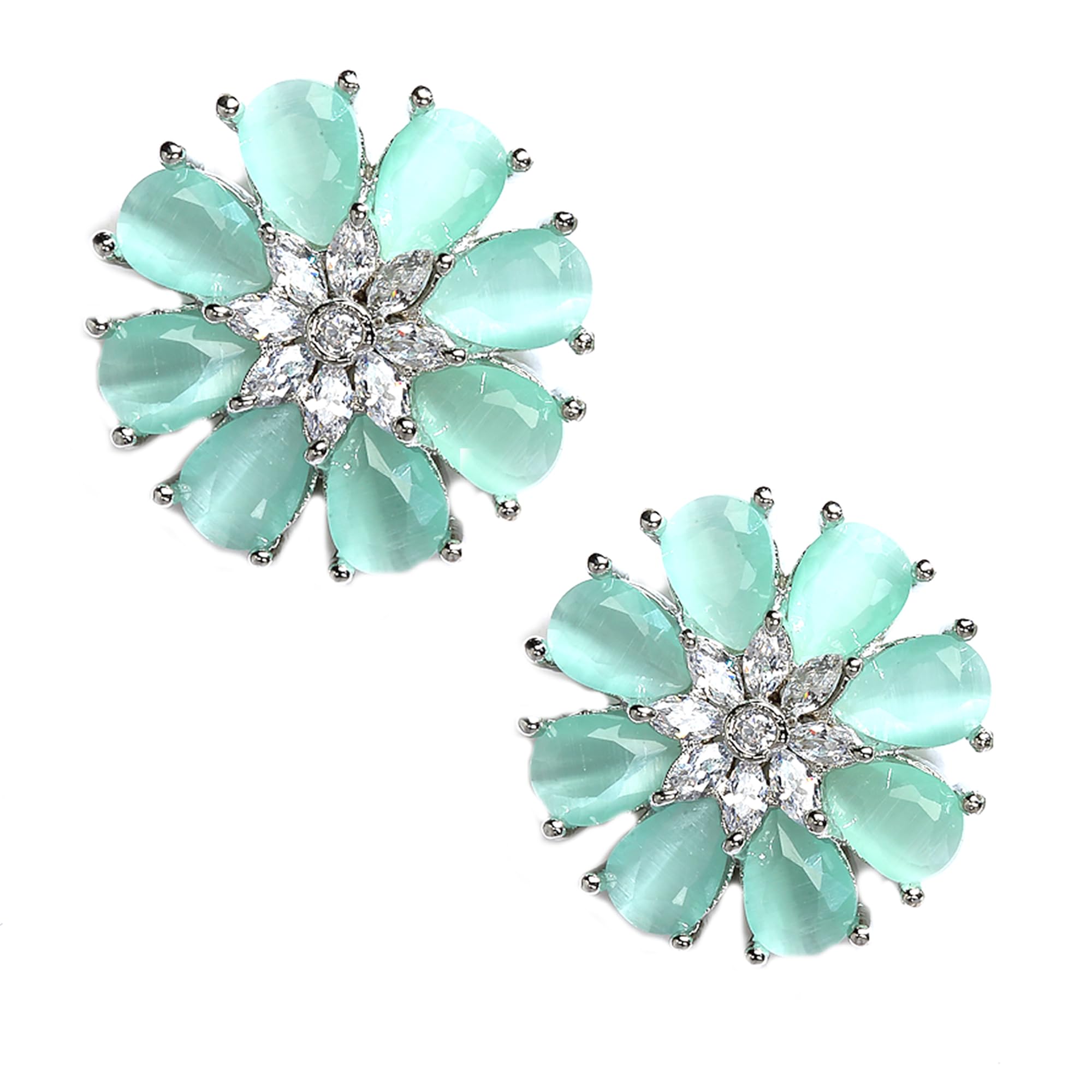 Zeneme Stud Rhodium Plated AD American Diamond FlowerShaped Earrings Ear Studs Jewellery For Women and Girl (Sea Green)