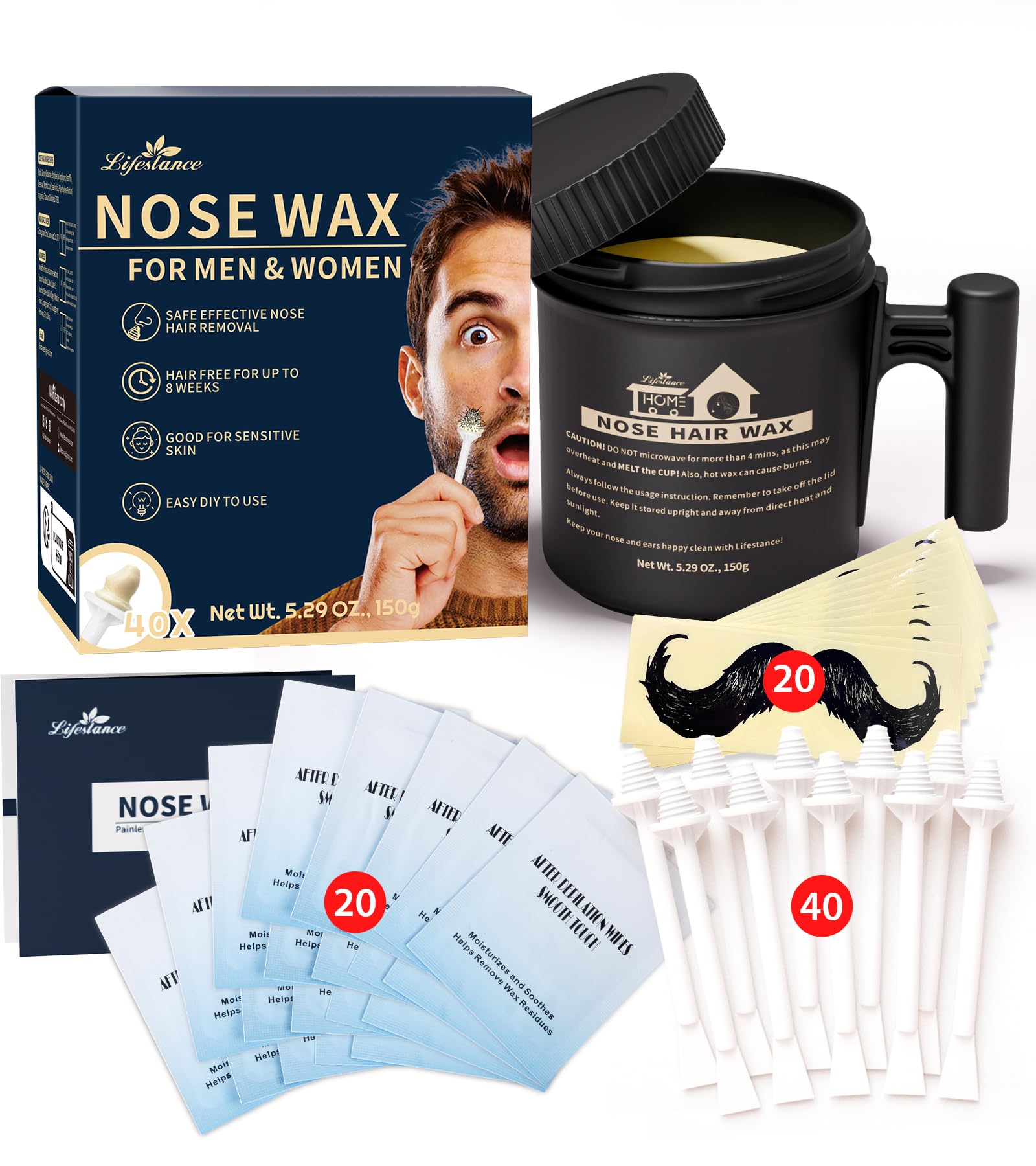 Lifestance Nose Wax Kit Men | 150g Wax | Large Capacity Nose Hair Wax Kit with 40 Applicators, 25-30 Uses | Nose Wax Kit for Wom