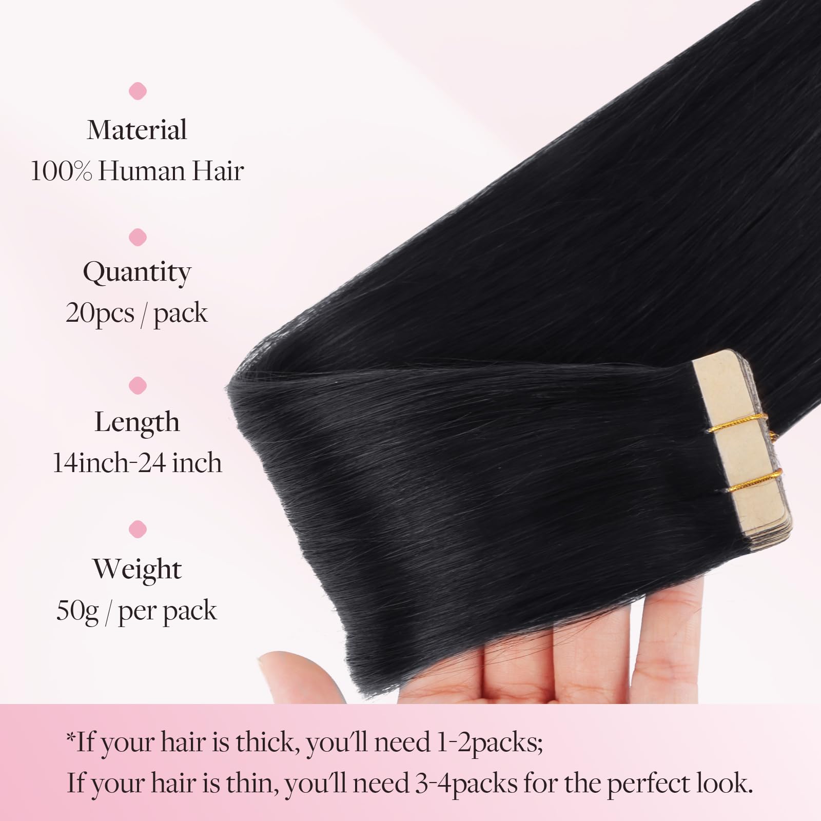 Maxita Tape In Hair Extensions Human Hair Jet Black 14 Inch 50G 20Pcs Remy Human Hair Extensions Straight Seamless Real Hair Ext
