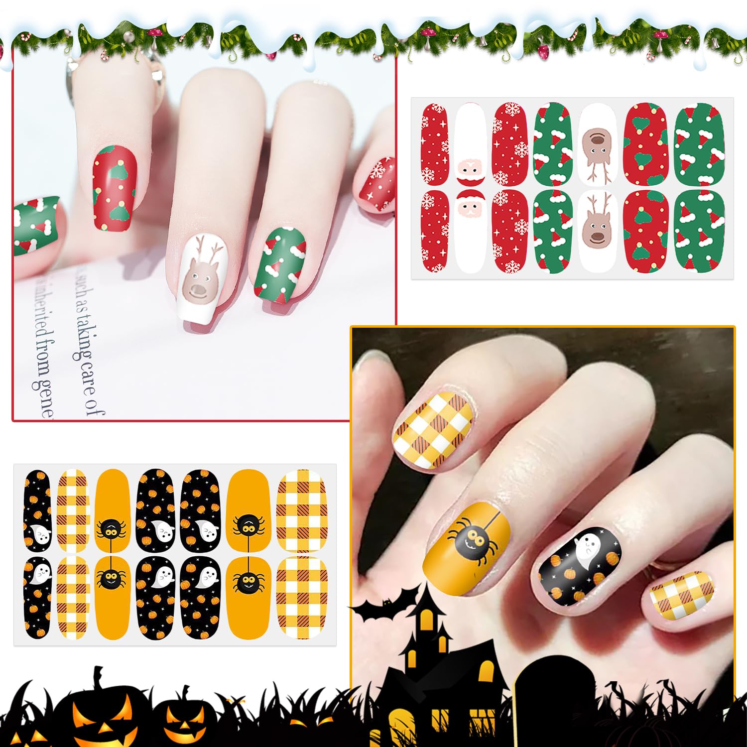 Wokoto 20 Sheets Mixed Halloween Christmas Nail Polish Strips Full Nail Wraps Stickers For Women Nail Art Pumpkin Bat Ghost Witc