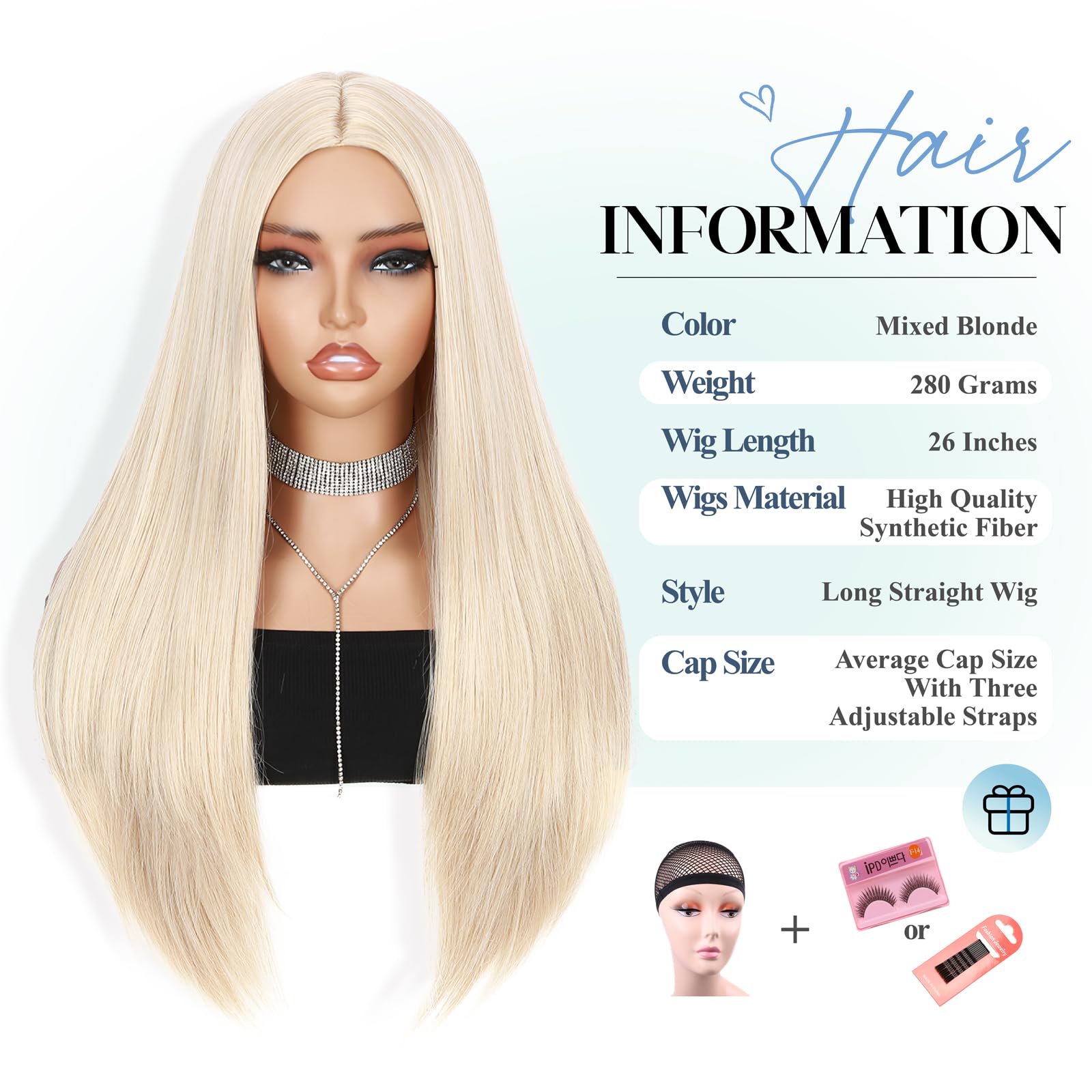 WIGER 26" Long Platinum Blonde Straight Wig - Natural Looking Synthetic Hair, Mixed Blonde, Perfect for Daily Wear or Costumes