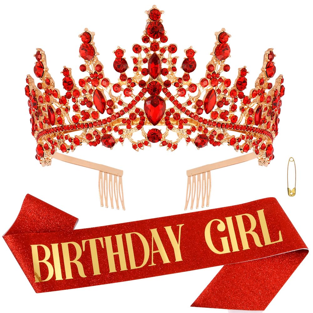Atoden Birthday Girl Red Tiara Queen Crown Tiaras and Crowns for Women Girls Crystal Princess Tiara Rhinestone Headbands Quincea