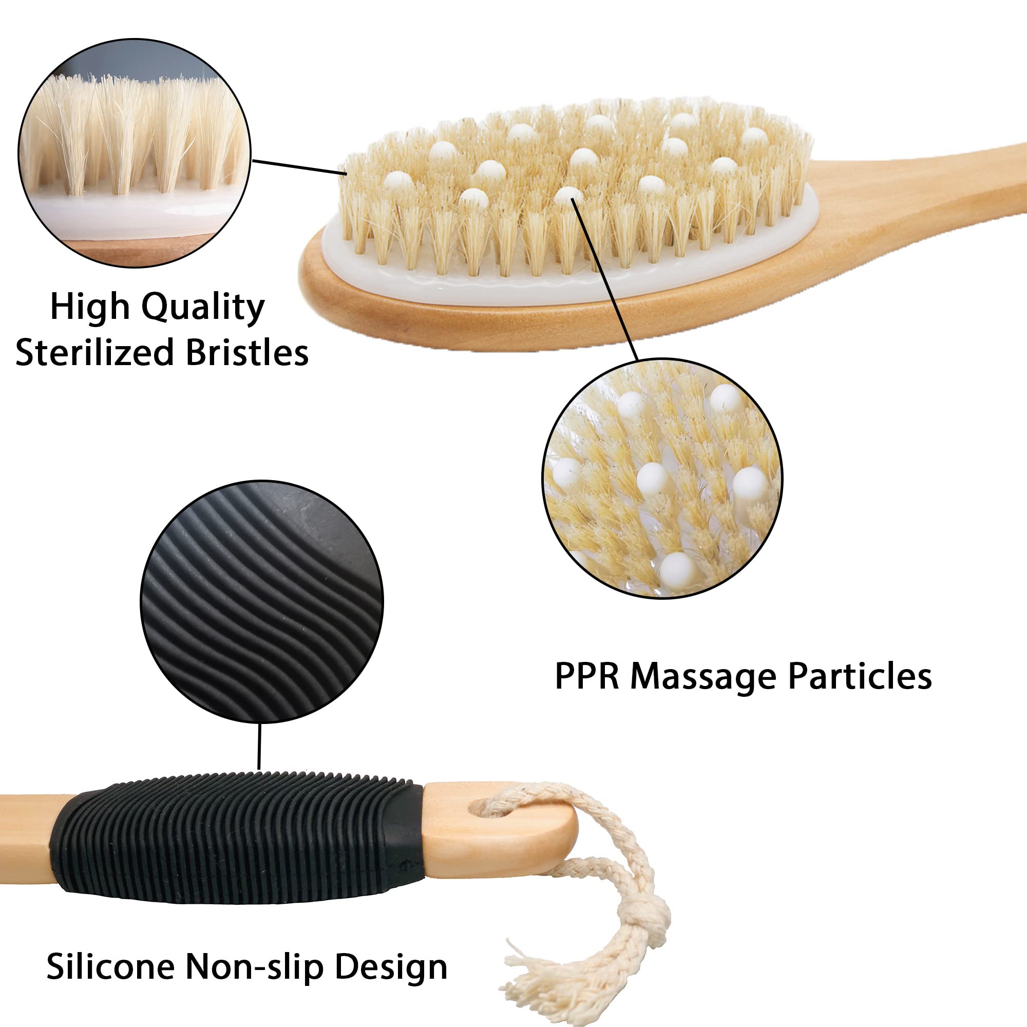 Owiizi Bath Brush With Cellulite Massagers, Wooden Curved Long Handle Antiskid Dry Brushing Body Brush For Exfoliating, Natural