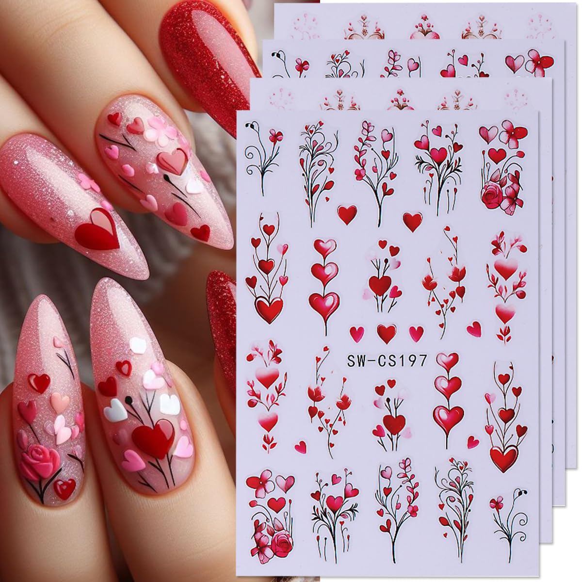 Valentine's Day Nail Art Sticker Decals Red Love Heart Rose Nail Stickers 6PCS 3D Self-Adhesive Love Heart Tree Rose Valentines 