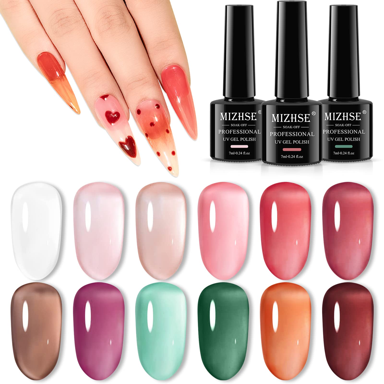 MIZHSE Jelly Gel Nail Polish Set 12 Color, Clear Translucent Spring Gel Polish 7ml, Sheer Manicure Kit UV LED Soak Off Varnish f