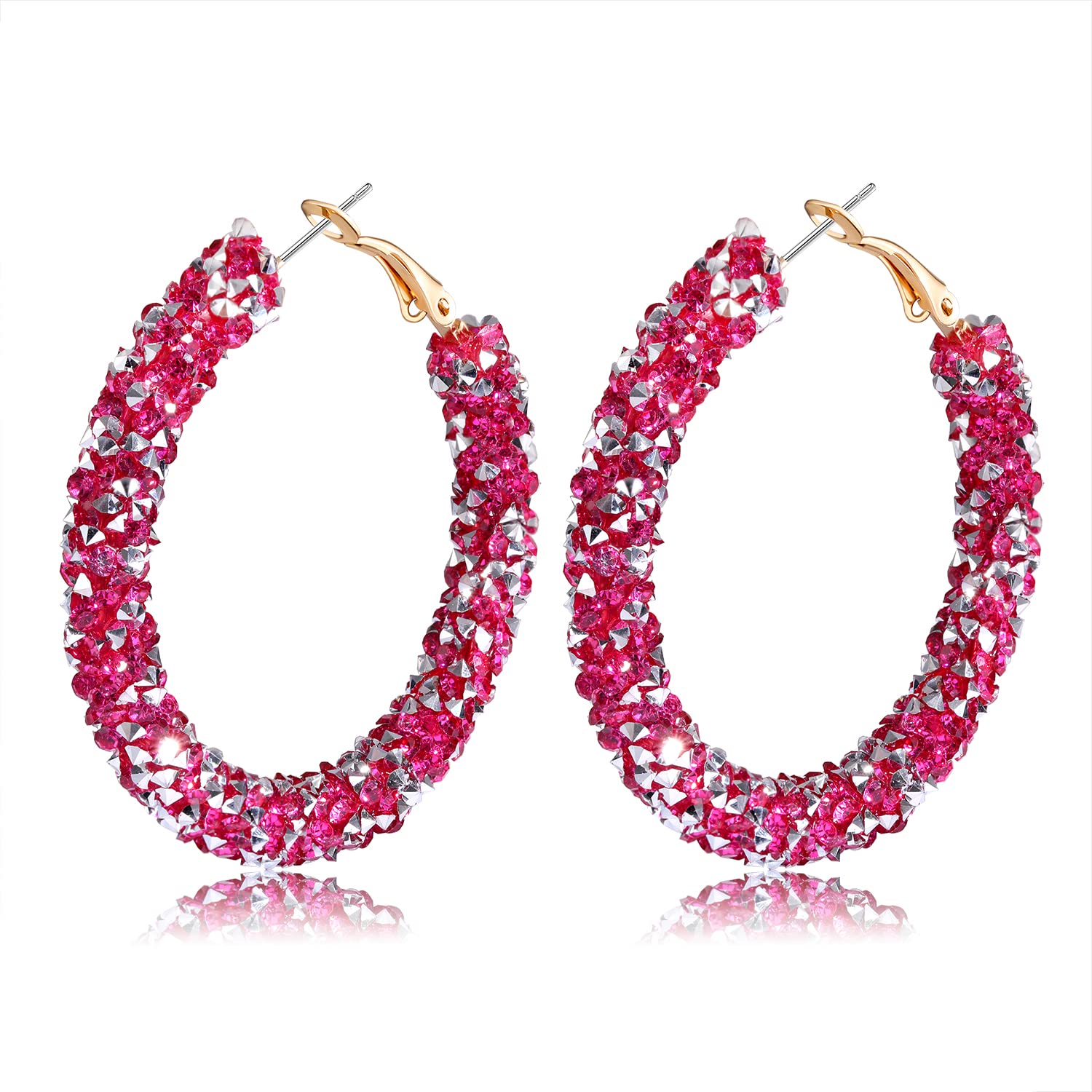 NLCAC Glitter Hoop Earrings Bohemian Sparkle Resin Rhinestone Wrapped Hoop Dangle Earrings for Women (Hot Pink)
