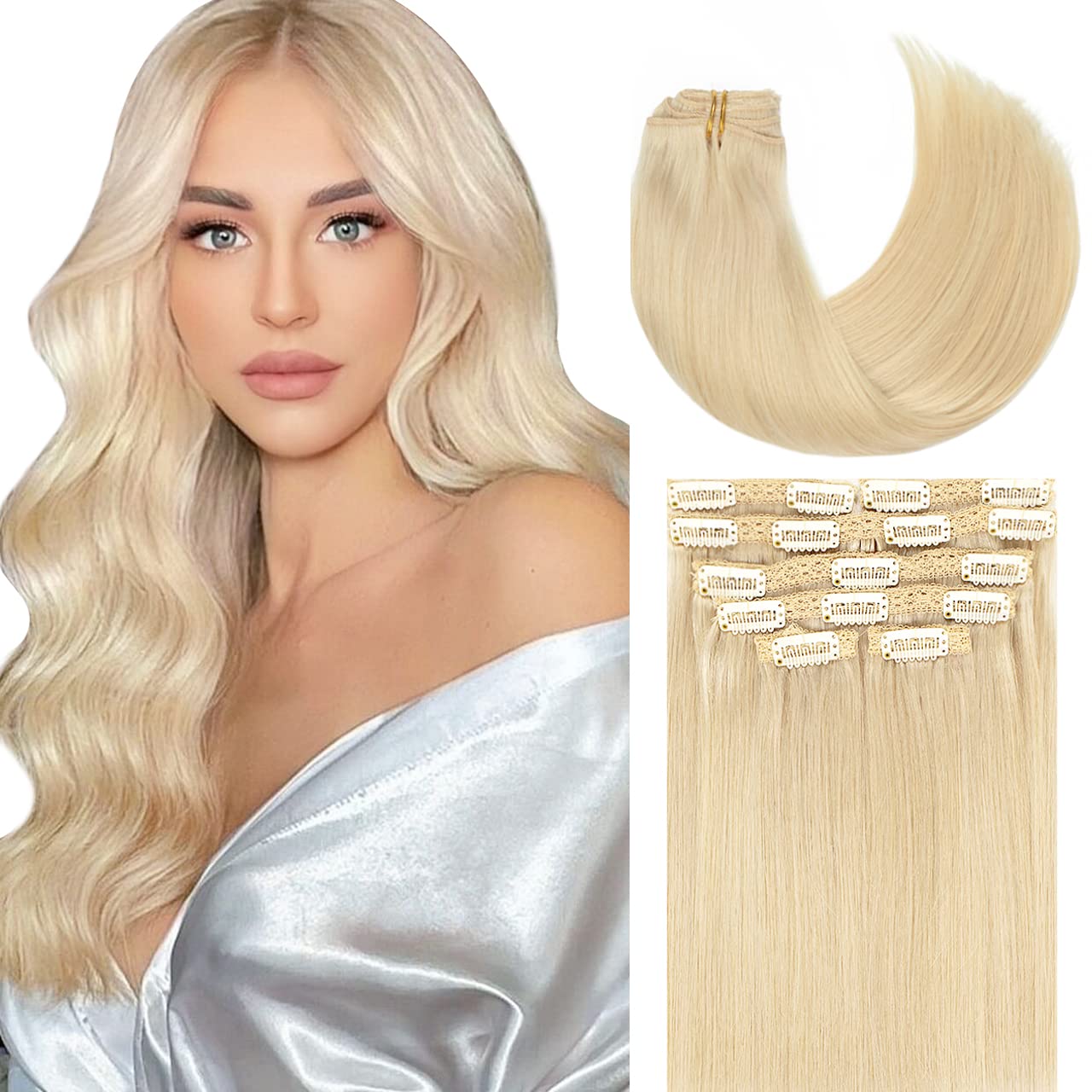 Lacer 22 Inch Full Head Silky Straight 100% Human Hair Clip in Extensions Light Platinum Blond #60A 7Pieces 140g Double Weft Ext