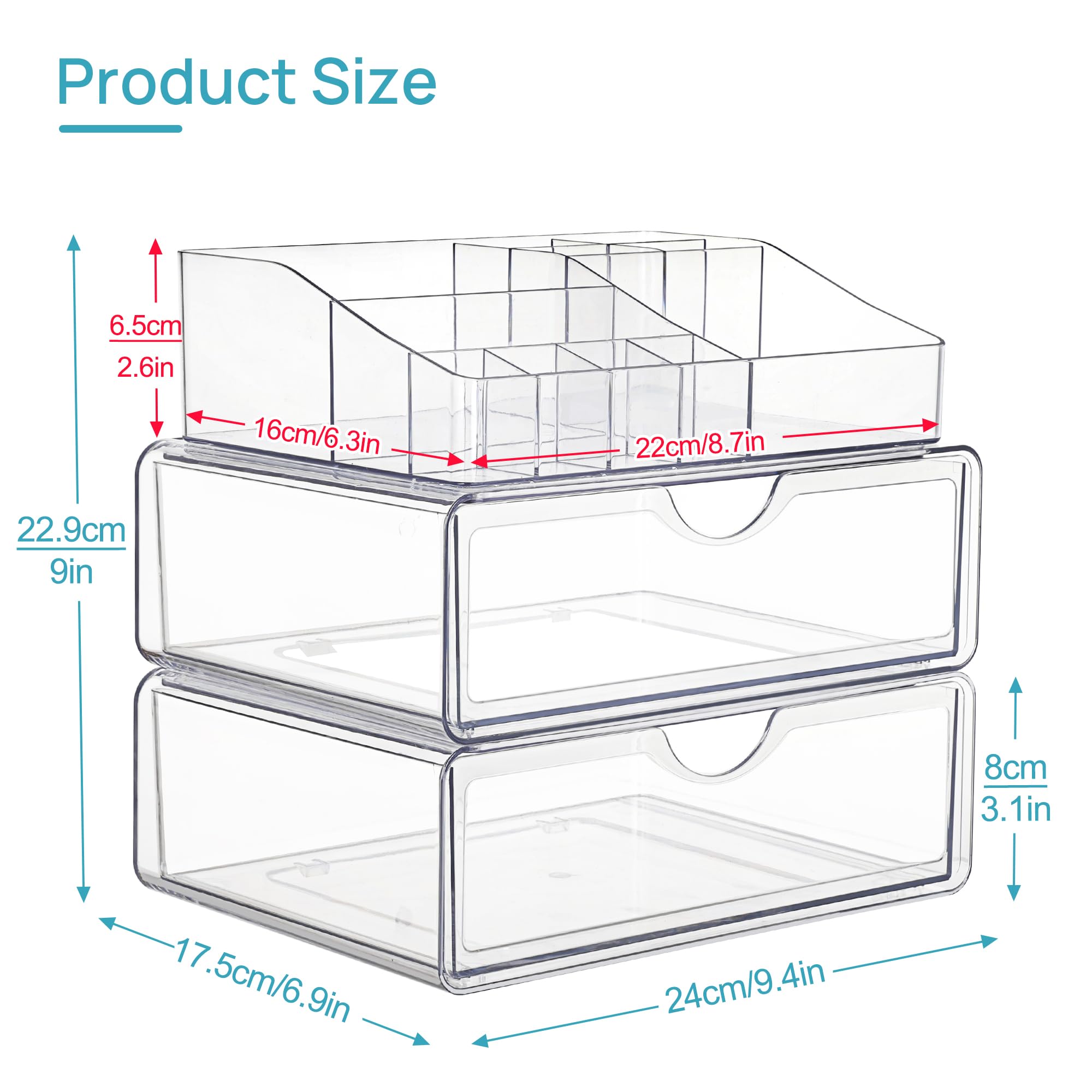 Vtopmart 3 Tier Clear Makeup Organizer With Drawer, Cosmetic Storage For Dresser Countertop And Bathroom Vanity, Beauty Holder F