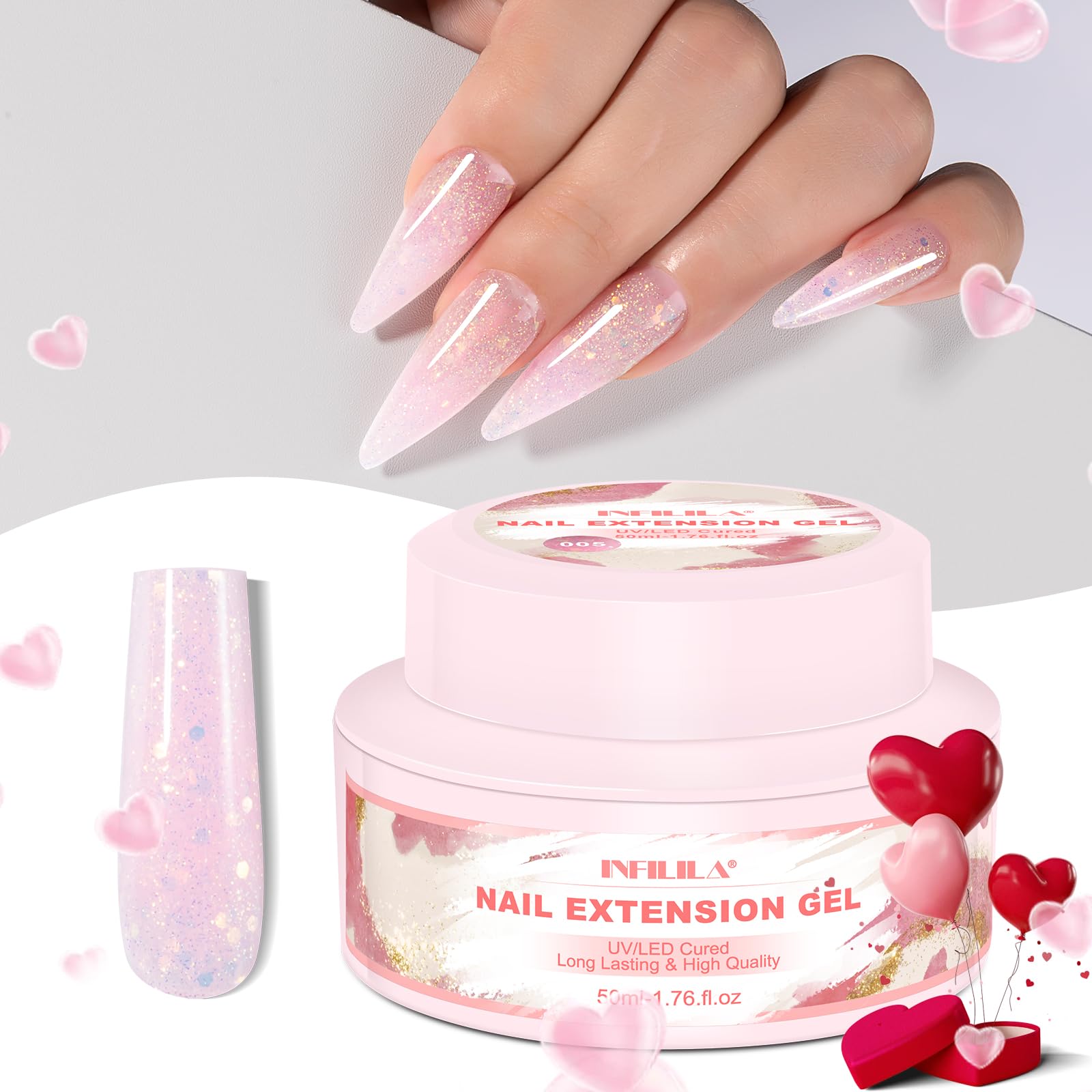 NXJ INFILILA Poly Nail Gel Builder Gel for Nails, 50ml Baby Pink Poly Nail Gel, Glitter Poly Nail Gel Colors, Nail Extension Gel