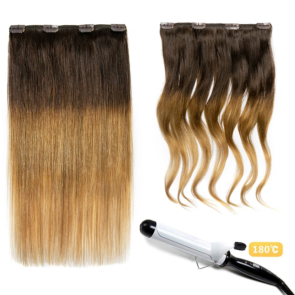 5 Pieces 18 Inch Remy Clip In Hair Extensions Human Hair Balayage Brown To Blonde Mixed - Silky Straight Thick Real Hair Extensi