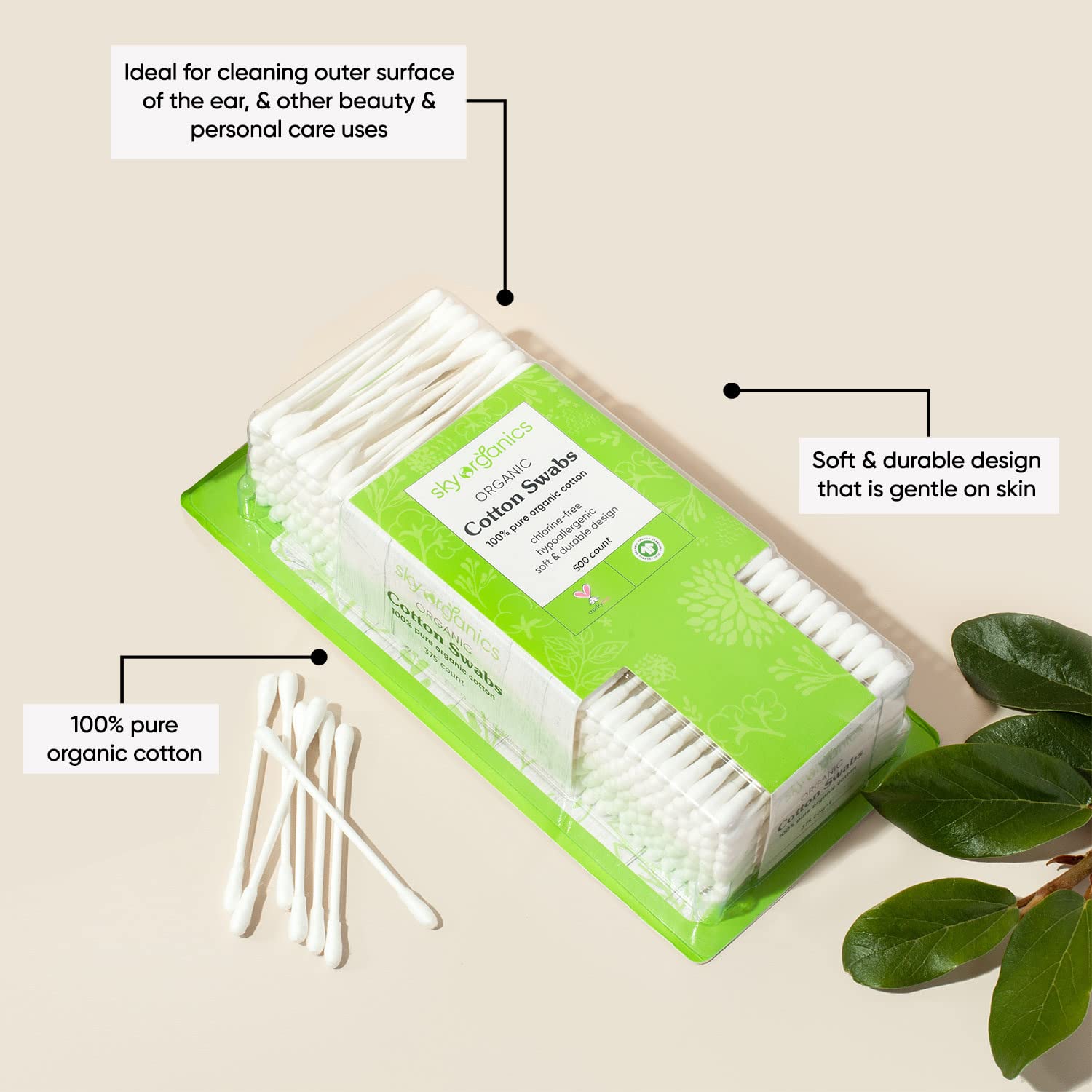 Sky Organics Organnic Cotton Swabs For Sensitive Skin, 100% Pure Gots Certified Organic For Beauty & Personal Care, 500 Ct.