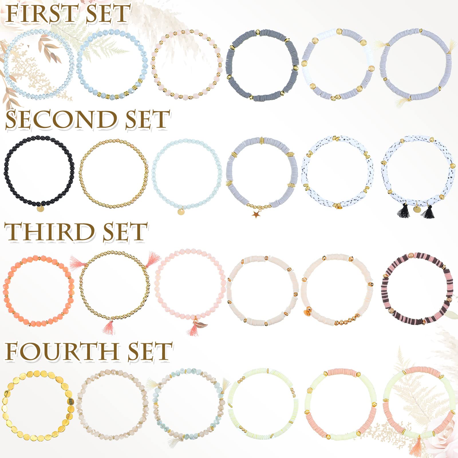 Jadive 24 Pieces Bracelets 4 Set Bead Bracelets Bulk Stackable Bracelets for Women Stretch Heishi Bracelets Clay Boho Disc Brace