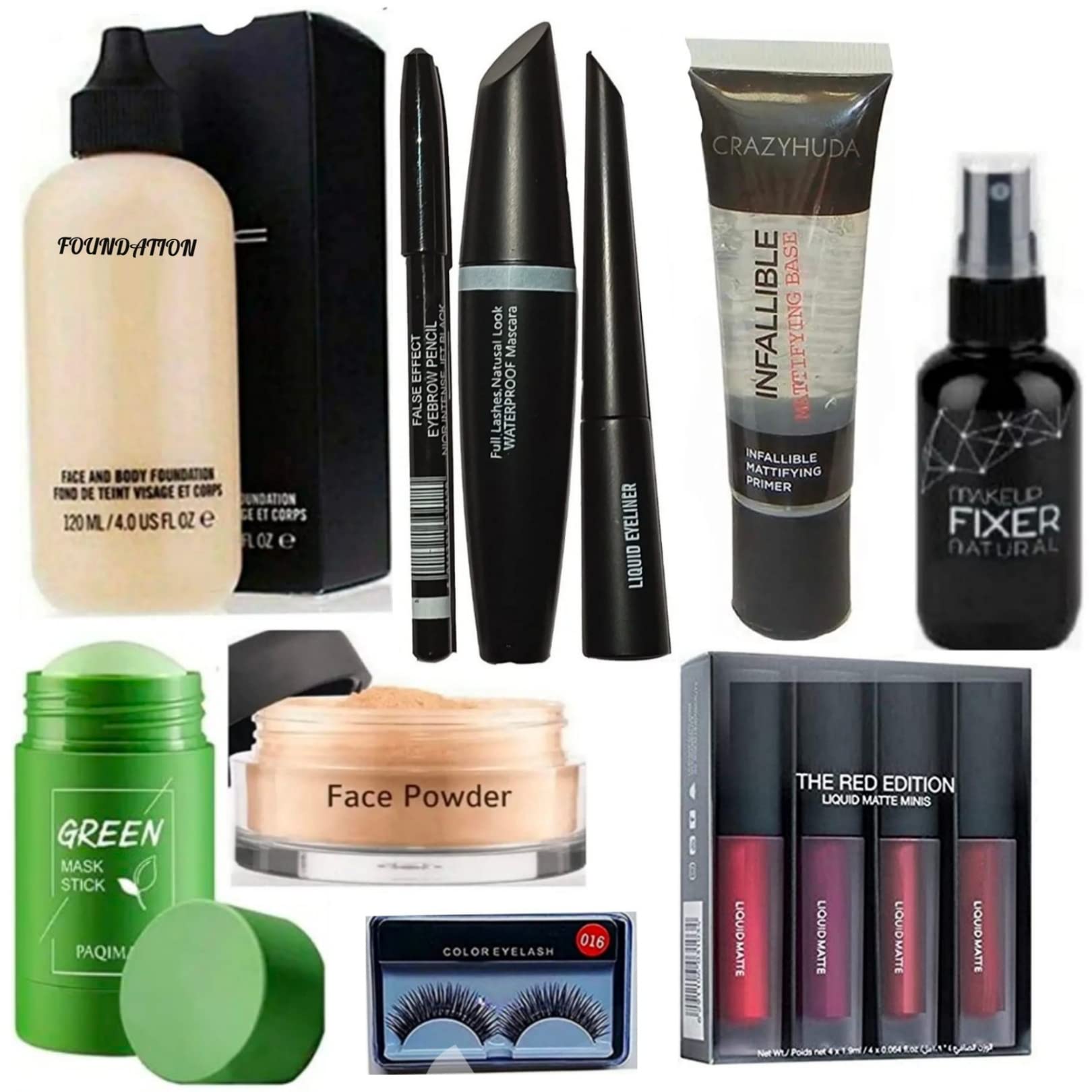 Crazy Huda Professional Waterproof Longlasting Foundation, 3In1(Mascara, Liquid Eyeliner, Eyebrow Pencil), Mattifying Primer, Fi
