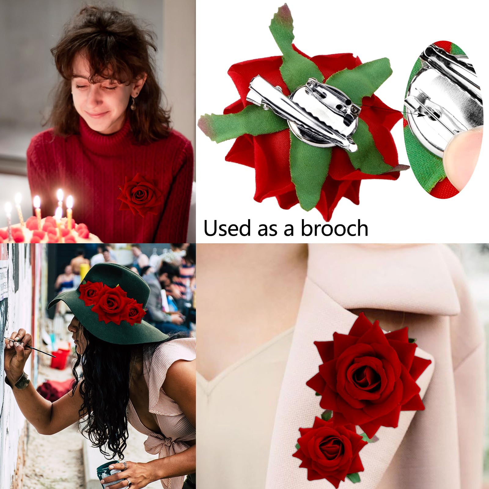 Cieher 6 Pcs Red Rose Hair Clips For Women Girls, Fabric Rose Flowers Hair Clip Pin Mexican Rose Hair Accessories, Multi-Occasio