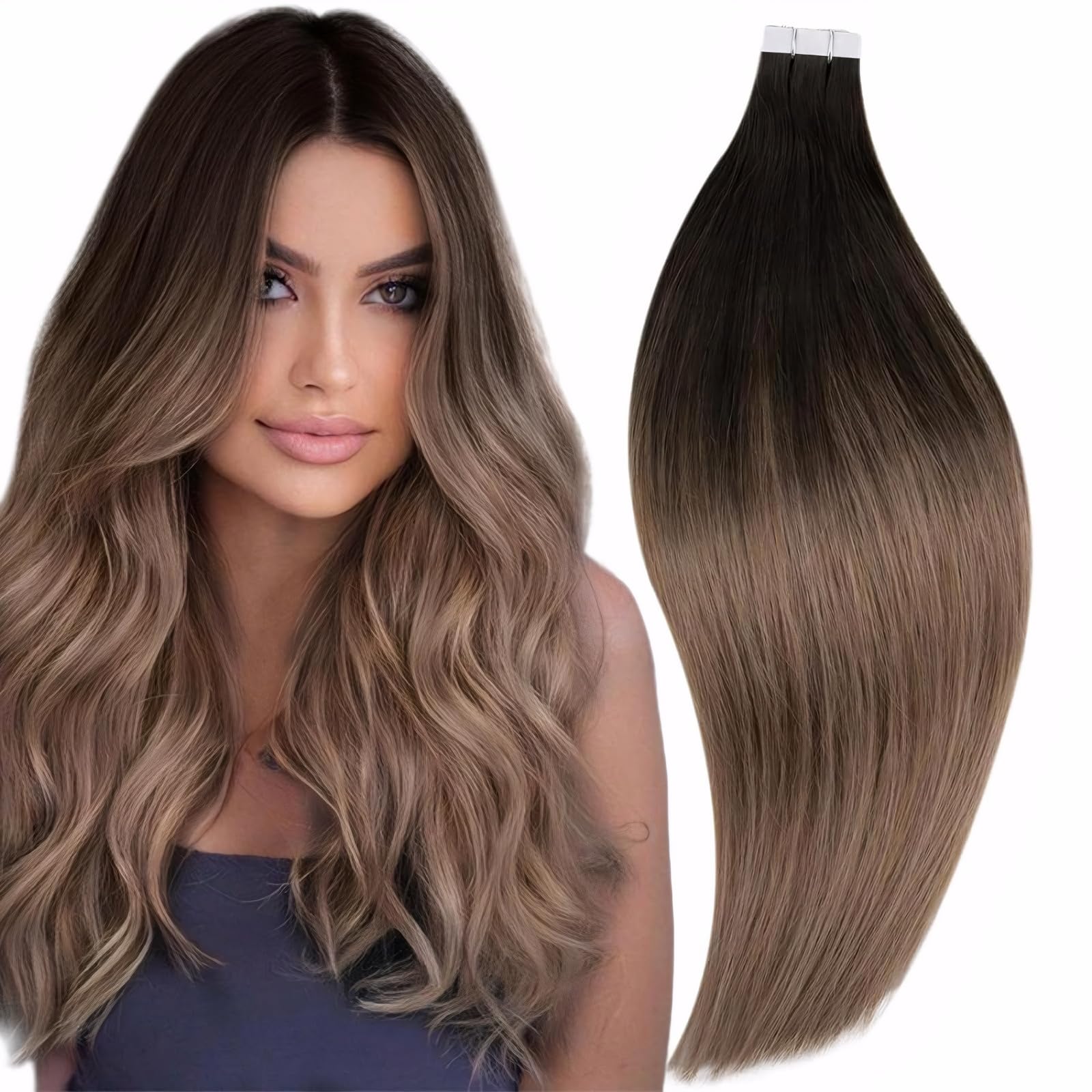 Runature Balayage Hair Extensions Tape In Human Hair Brown 16 Inch Straight Tape In Hair Extensions Human Hair Ombre Dark Brown