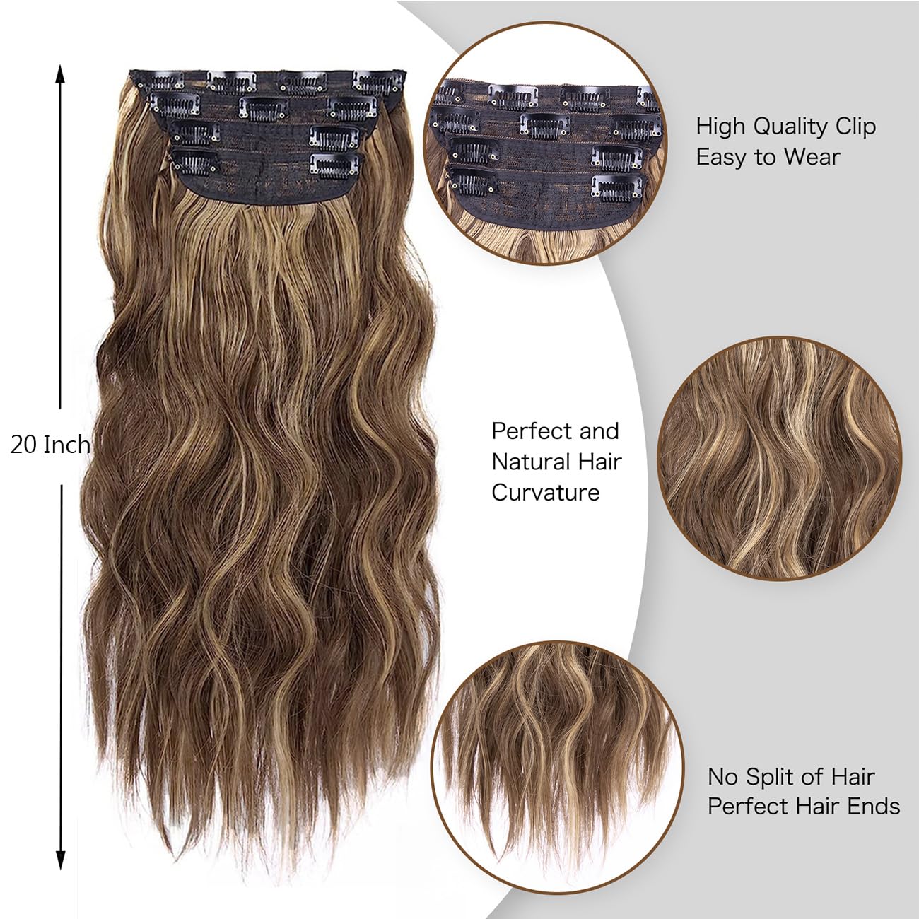 4Pcs Clip In Hair Extensions, 20 Inches Synthetic Light Brown Hair Extensions, Long Curly Hair Extensions Clip Ins (Color:Chocol