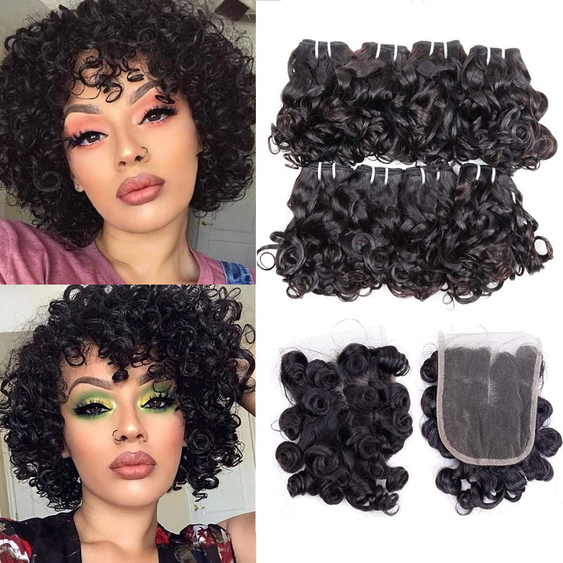 Peruvian Curly Hair Bundles Short Bob Curly Human Hair Bundles with Closure 10A Ocean Weave 8 Bundles with 4x4 Closure(8'' 8'' 8