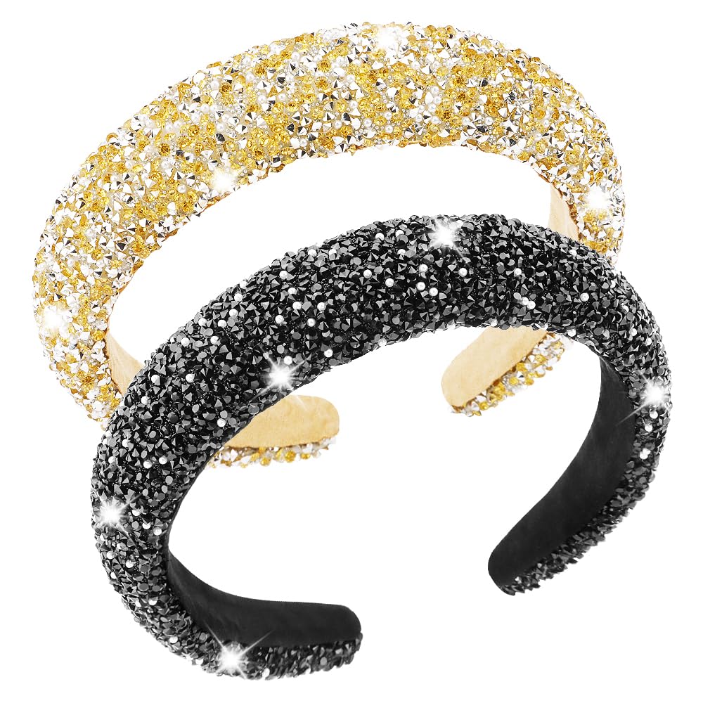 Ahoney 2 Pack Rhinestone Headband Women Thick Padded Headband, Sequin Beaded Pearls Head Band Glitter Cute Headband Birthday Pro