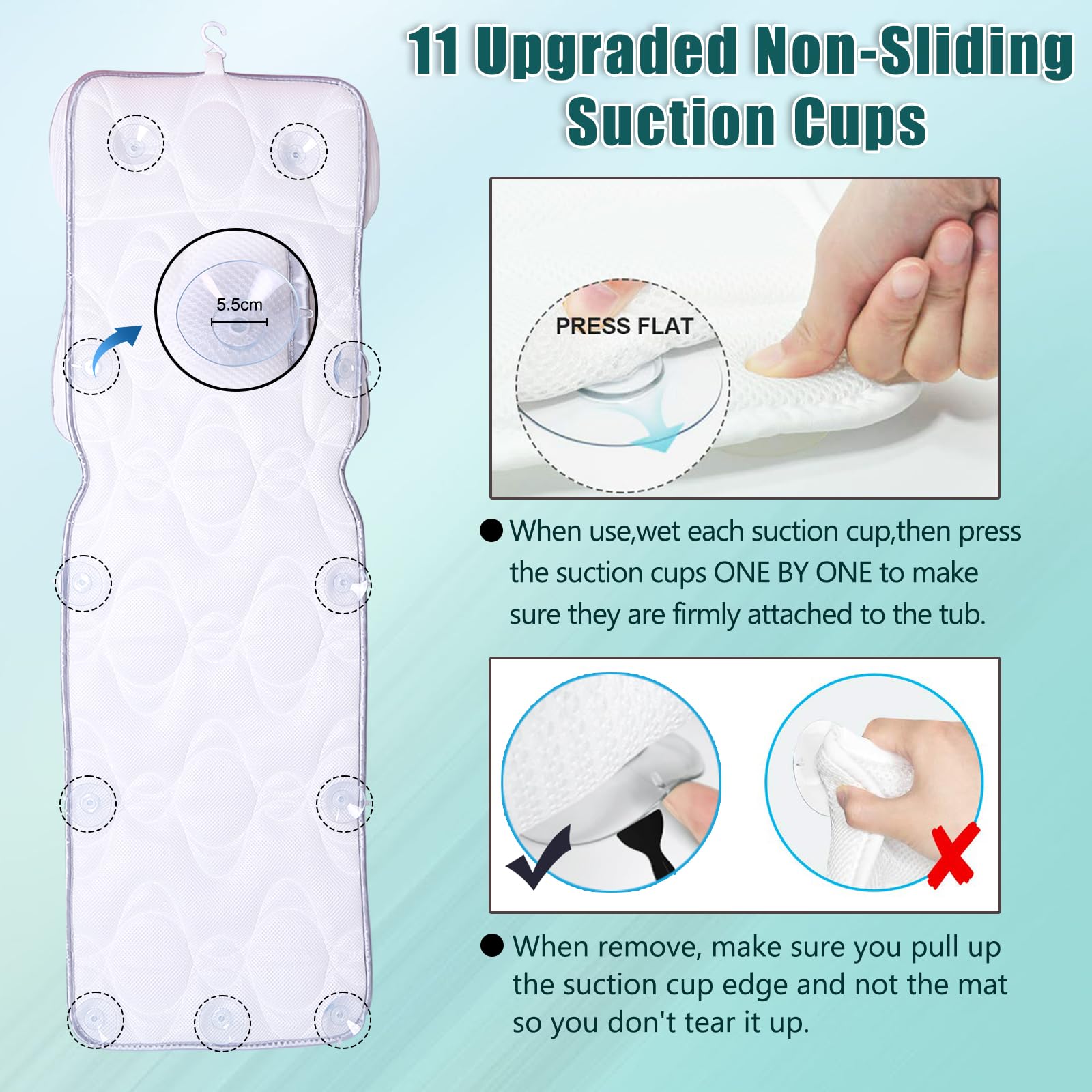 Full Body Bath Pillow, Bathtub Mattress Luxury Cushion With Large Suction Cups, Comfort Support Your Head, Neck, Shoulder, Back