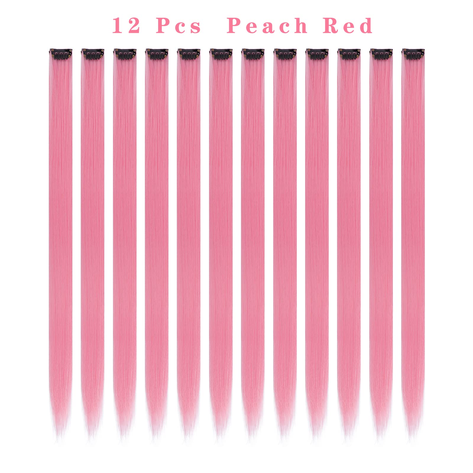 12PCS Colored Pink Hair Extensions Party Highlights Colorful Clip in Hair Extensions 22 Inch Straight Synthetic Hairpieces for W