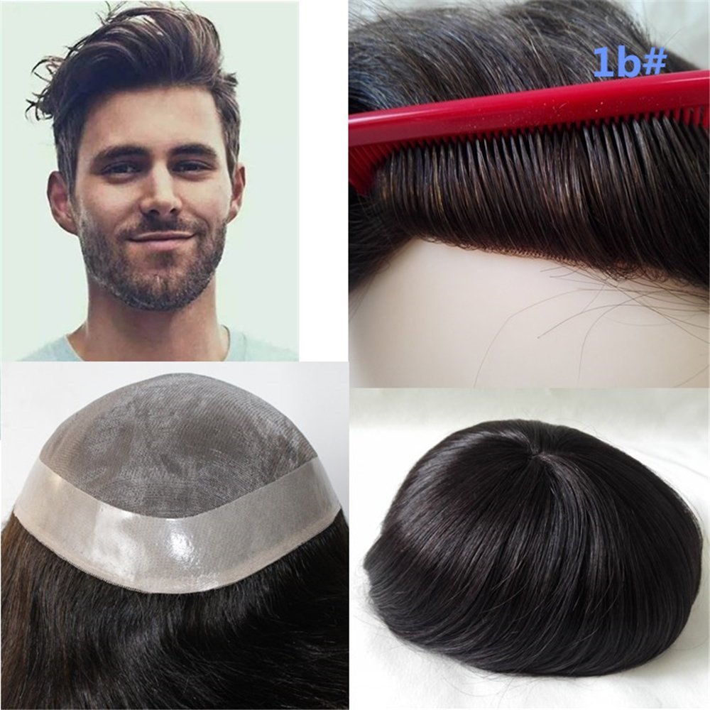 lumeng Wigs For Men Hairpiece Mono Lace Systems Men Toupees Size 8x10 Inch Color 1B Wigs Super Durable Lace Men Units 