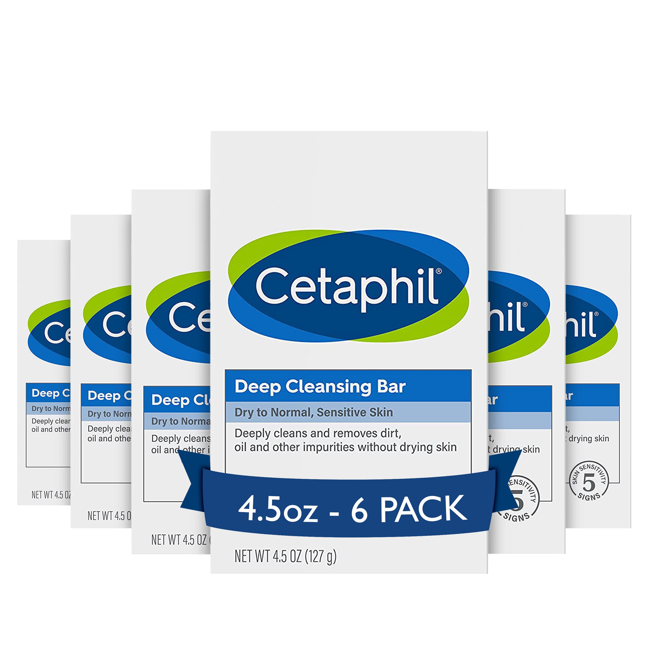 Cetaphil Bar Soap, Deep Cleansing Face And Body Bar, Pack Of 6, For Dry To Normal, Sensitive Skin, Soap Free, Hypoallergenic, Pa