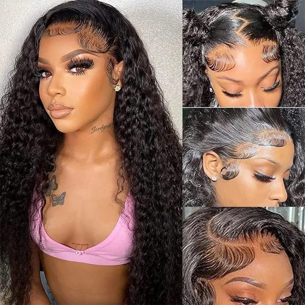 LYILYI 12A 13x6 Deep Wave Lace Front Wigs Human Hair 220% Density 13x6 HD Transparent Lace Frontal Wigs for Women Deep Curly Glu