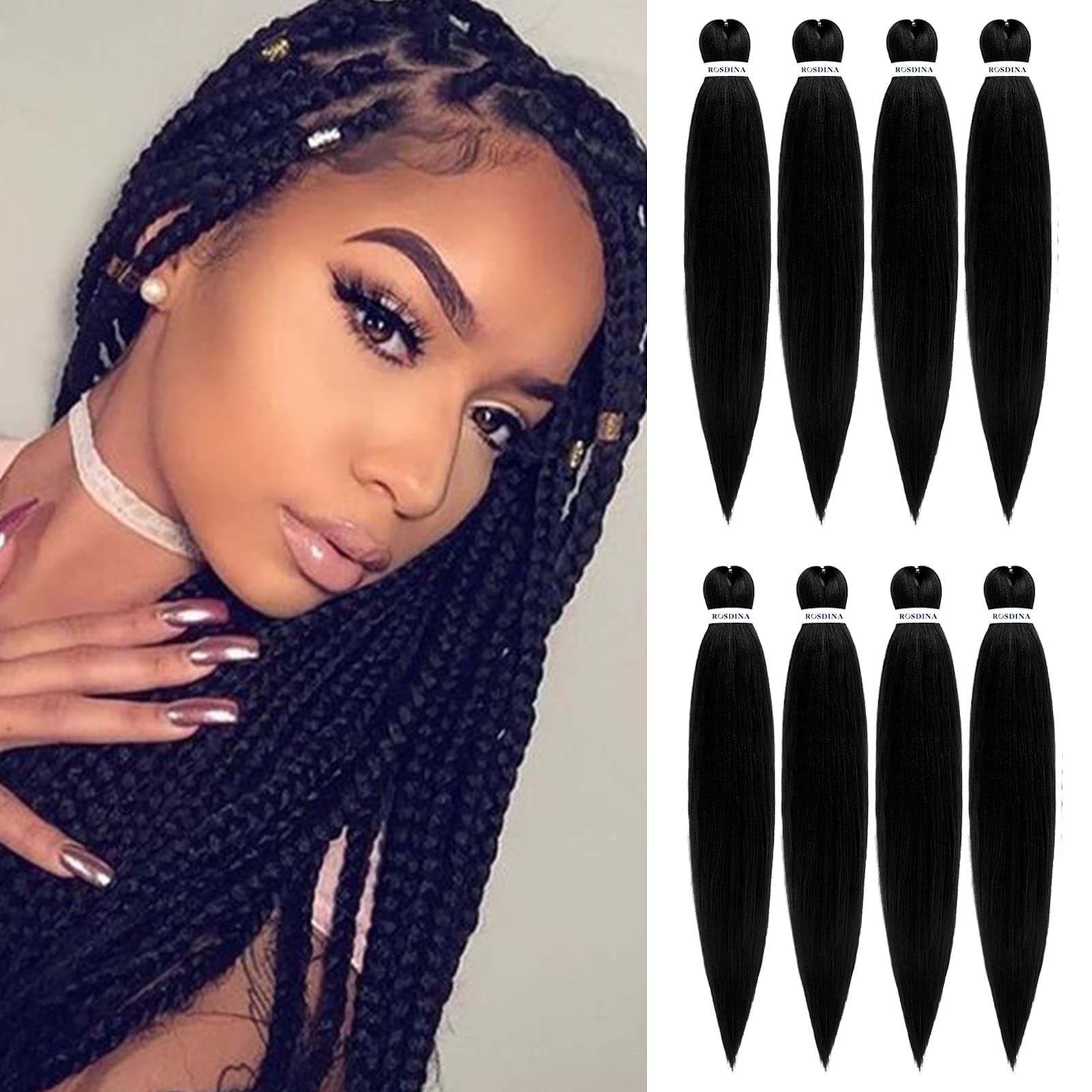 Rosdina Pre-Stretched Braiding Hair - 26 Inch 8 Packs Jet Black Super Long Braiding Hair For Twist Or Box Braids, Yaki Texture H