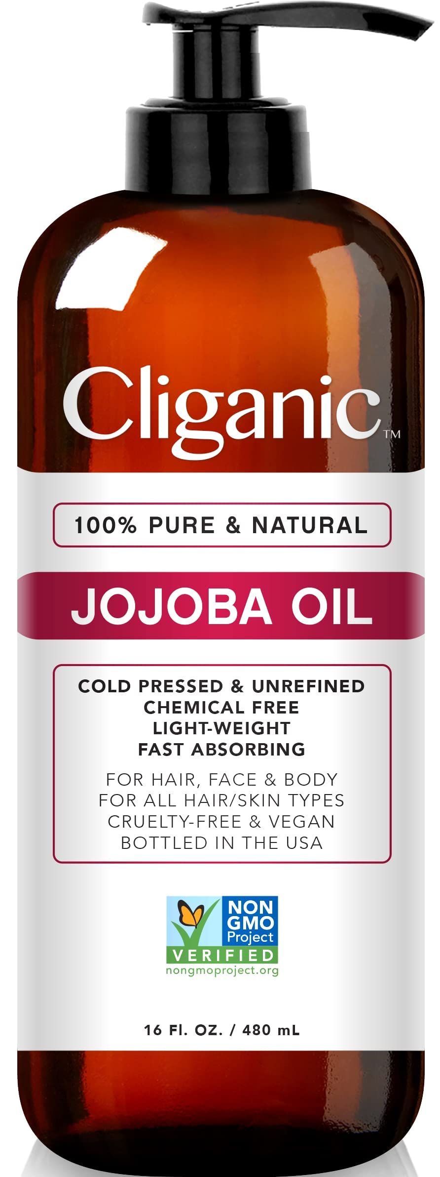 Cliganic Jojoba Oil Non-Gmo, Bulk 16Oz  100% Pure, Natural Cold Pressed Unrefined Hexane Free Oil For Hair & Face