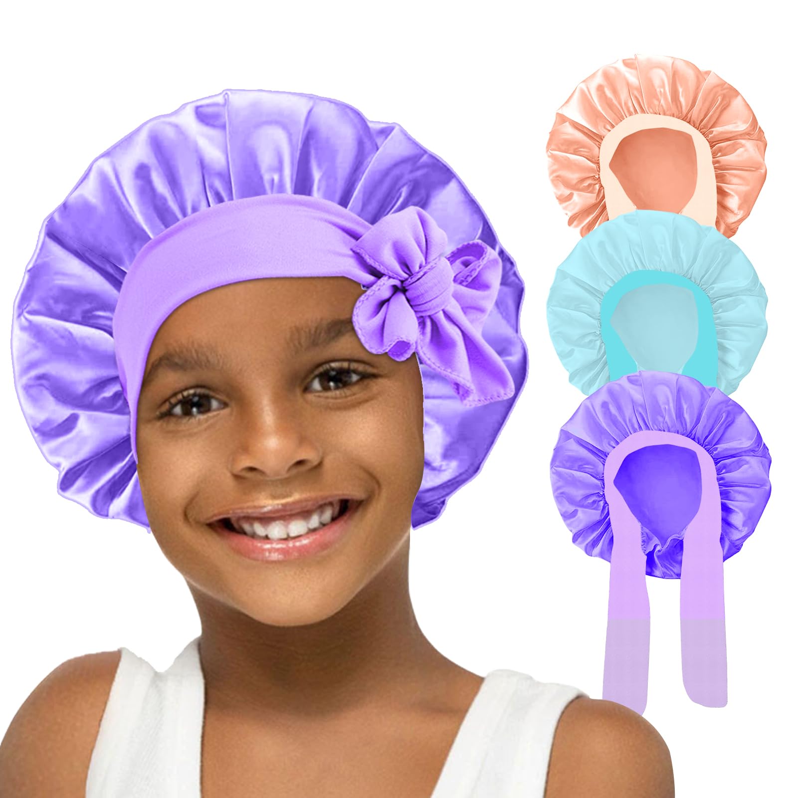 3Pcs Kids Silk Satin Bonnet for Sleeping - Baby Hair Sleep Bonnet,Kids Bonnets for Girls Toddler Child with Wide Elastic Tie Ban