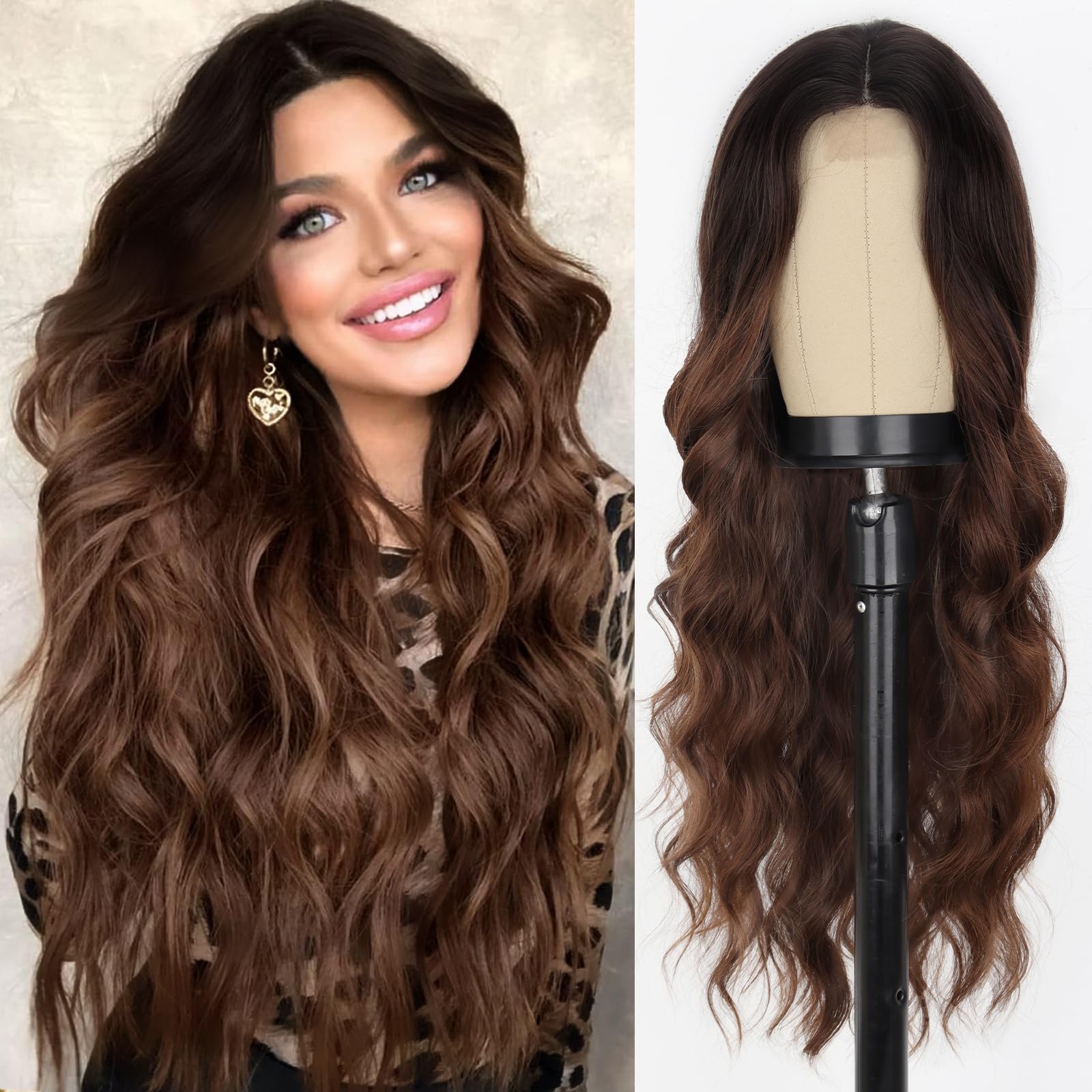 WERD Long Ombre Brown Wavy Wig for Women 26 Inch Middle Part Brown Curly Wavy Wig Natural Looking Synthetic Black to Brown Wig f