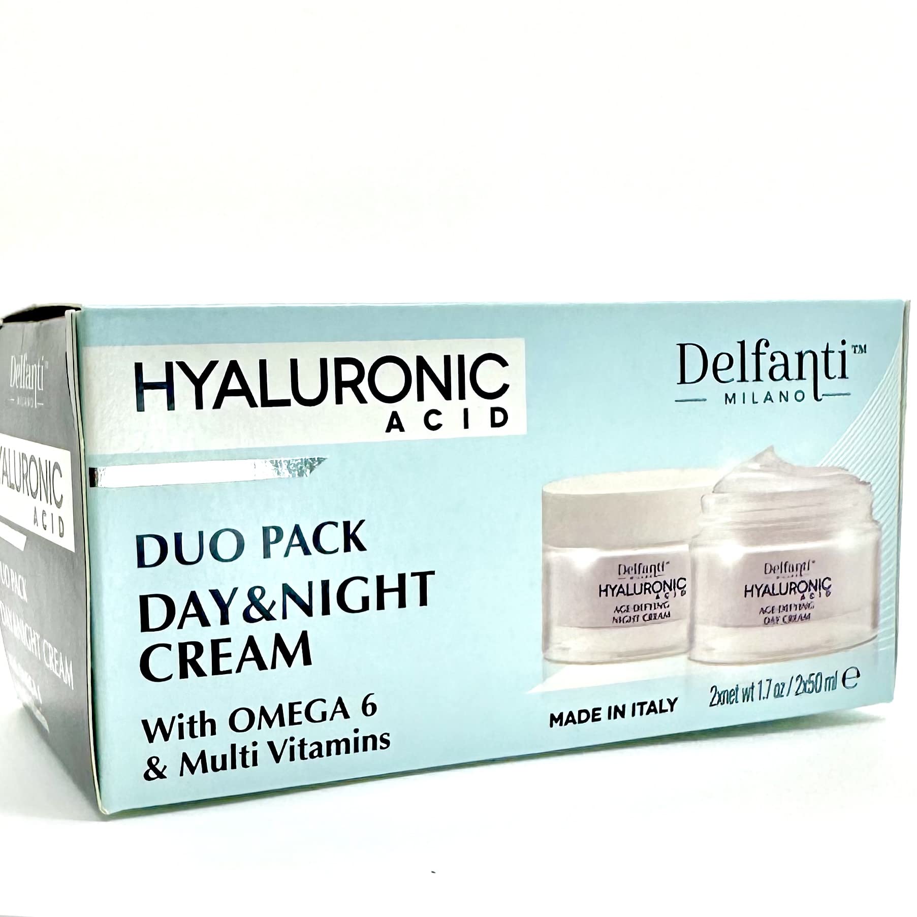 Delfanti Milano  HYALURONIC  Age Defying DUO pack  Day + Night Creams  Face, Neck Dcollet Moisturizing Cream for Firming, Ti