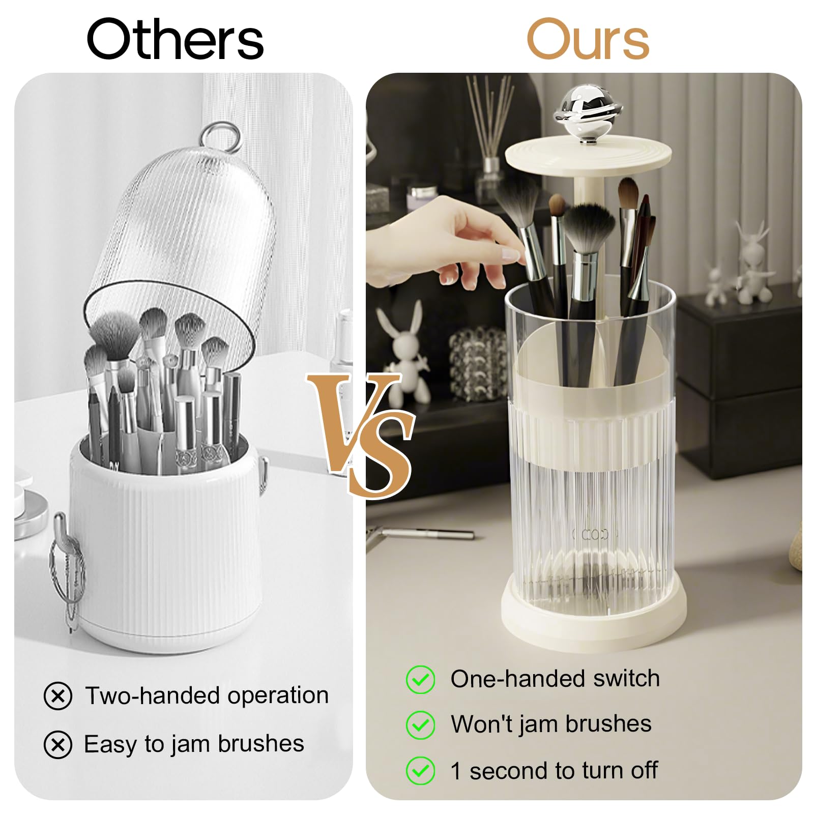 Makeup Brush Holder with Lid,One Touch Open 4 Slot Makeup Brush Case with Waterproof Dustproof, 360 Rotating Makeup Organizer fo