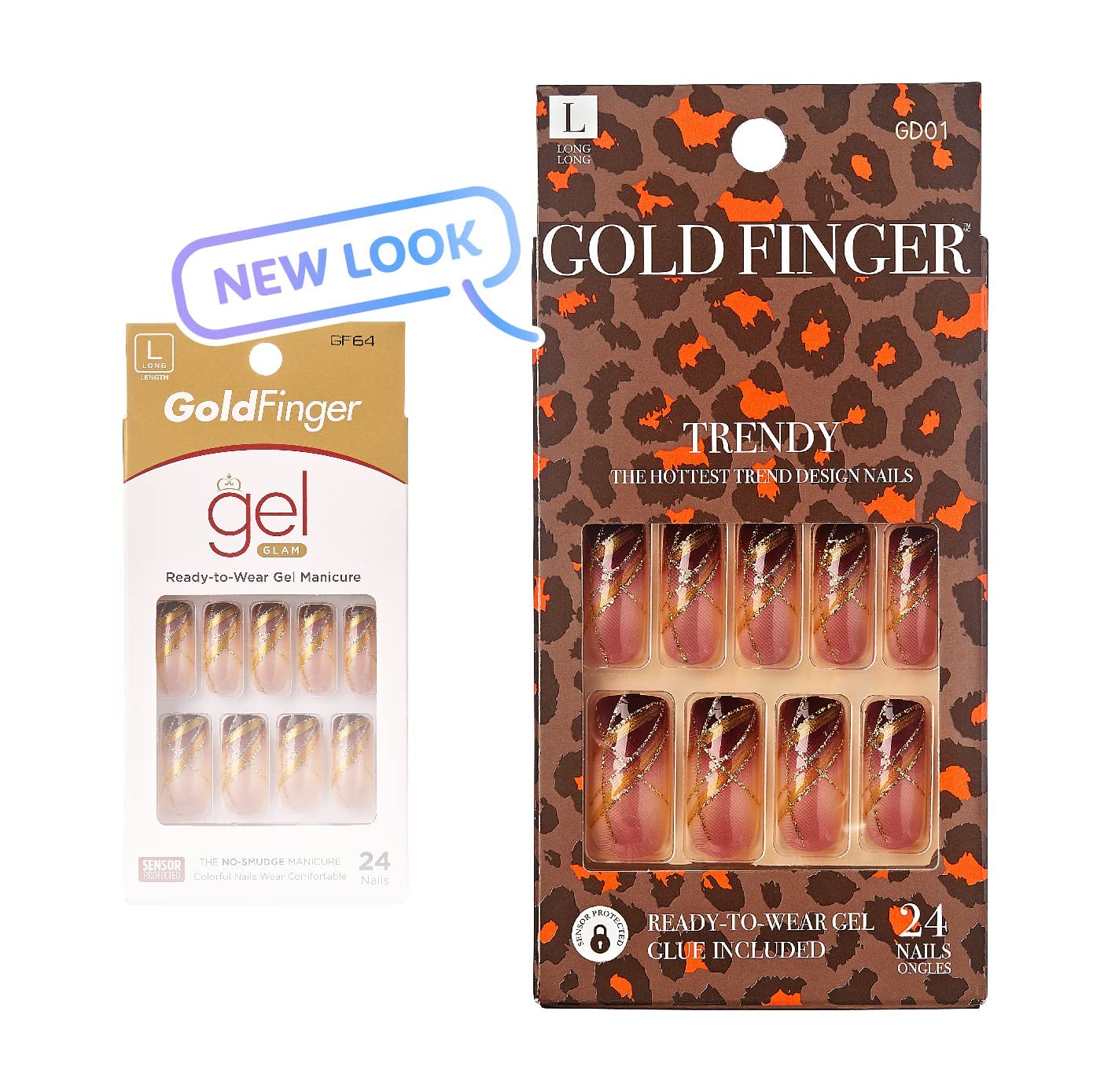 Gold Finger Gel Glam Press on Nail Dark Brown Glitter French Full Cover Luxurious Design, Square shape, Medium Length, MIni Glue