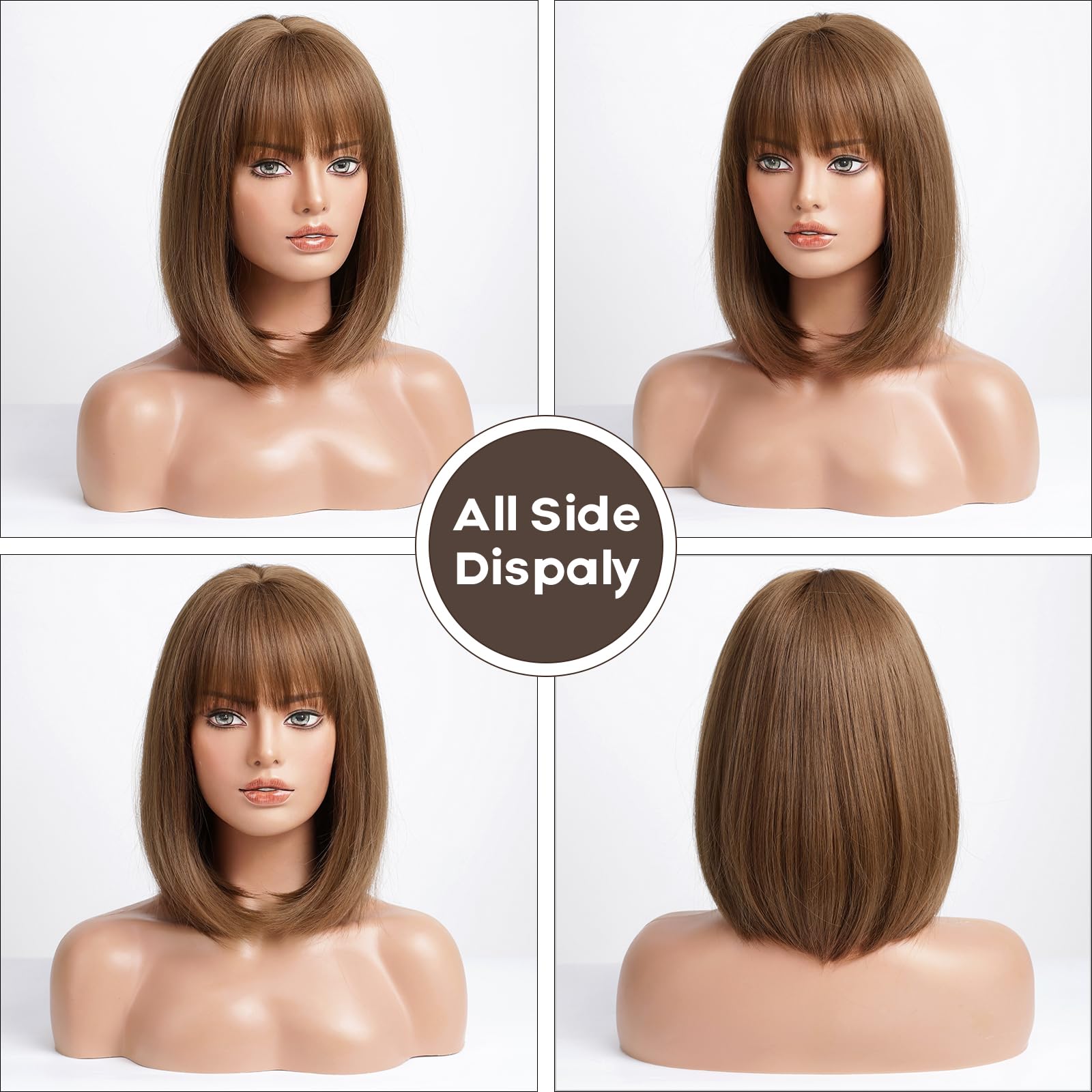 Emmor Brown Bob Wig With Bangs 15'' Short Bob Wigs For Women Heat Resistant Synthetic Wig Natural Looking For Daily Use(Honey Br