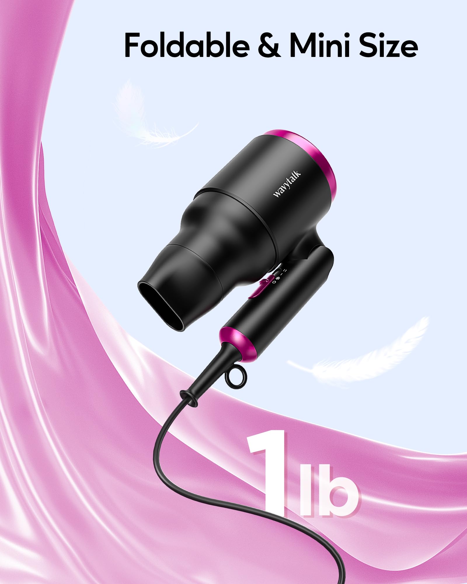 Wavytalk 1600W Hair Dryer with Diffuser, Lightweight Foldable Design, Black