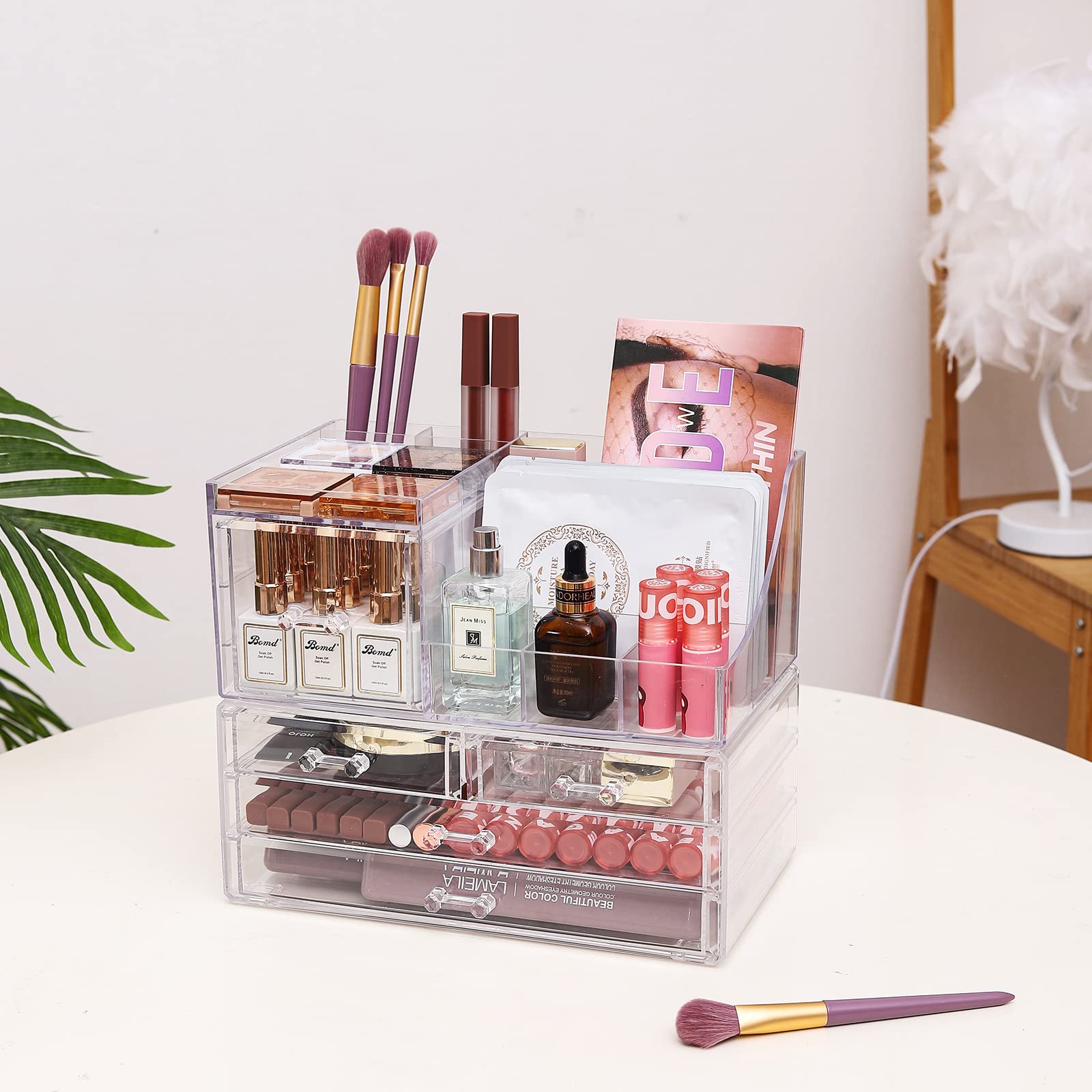 Cq Acrylic 2 Pack Clear Make Up Organizer Countertop,Stackable 5 Drawers Makeup Storage,Cute Vanity Organizers For Dresser Hair