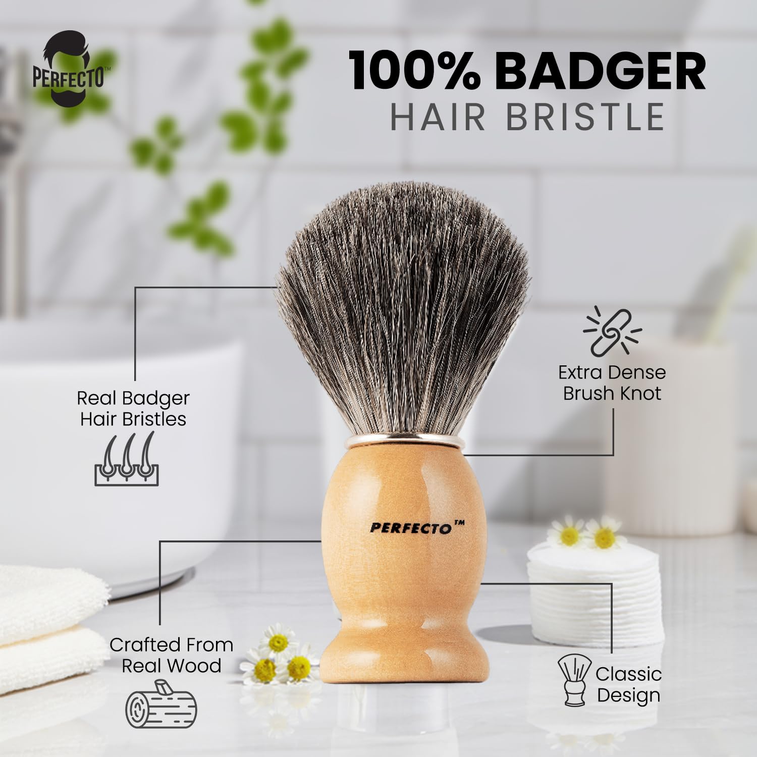Perfecto 100% Original Pure Badger Shaving Brush, Engineered For The Best Fathers Day Gift. All Methods, Safety Razor, Double Ed