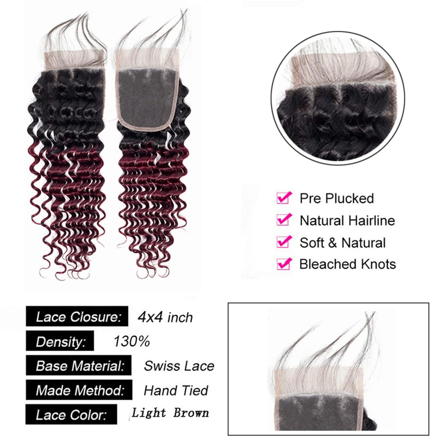 4x4 Deep Wave Closure 20 Inch Burgundy Human Hair 1b/99j Red Deep Wave Closure Brazilian Unprocessed Virgin Hair Wet And Wavy Cl