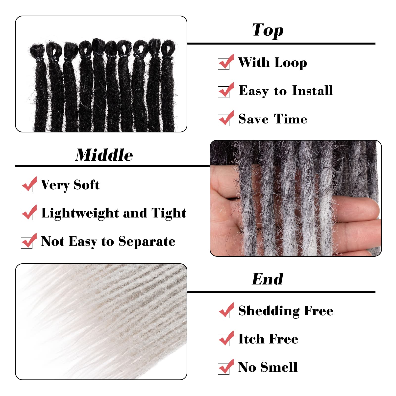 Leeven 0.6 Cm Width Handmade Dreadlock Extensions 24 Inch Ombre Grey Single Ended Dreads 20 Strands Synthetic Crochet Hair Soft