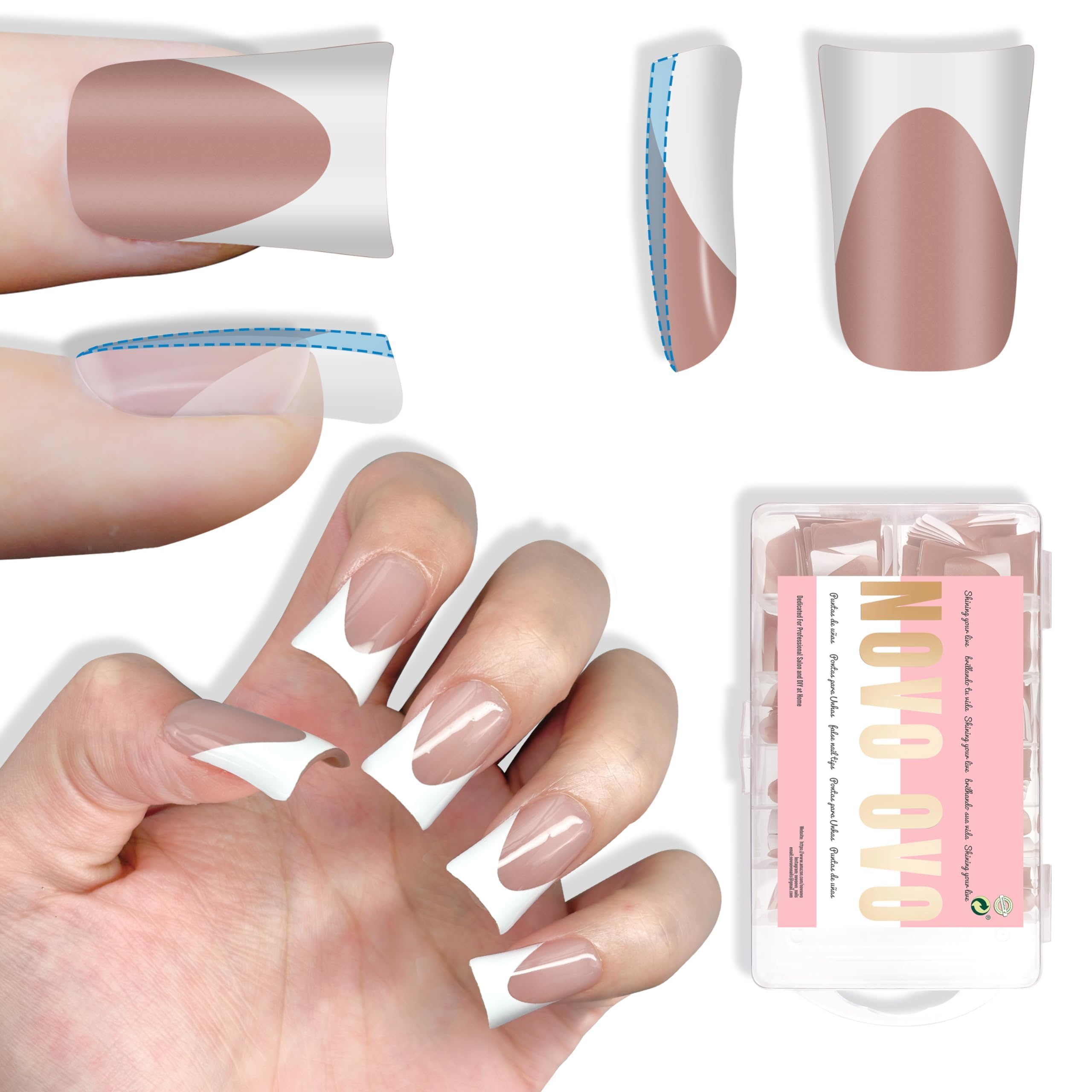 NOVO OVO Short Duck Nail Tips French Tip Press On BROWN PINK, Pre-designed Soft Gel Nail Extension, Need Buider Gel Top Coat, No