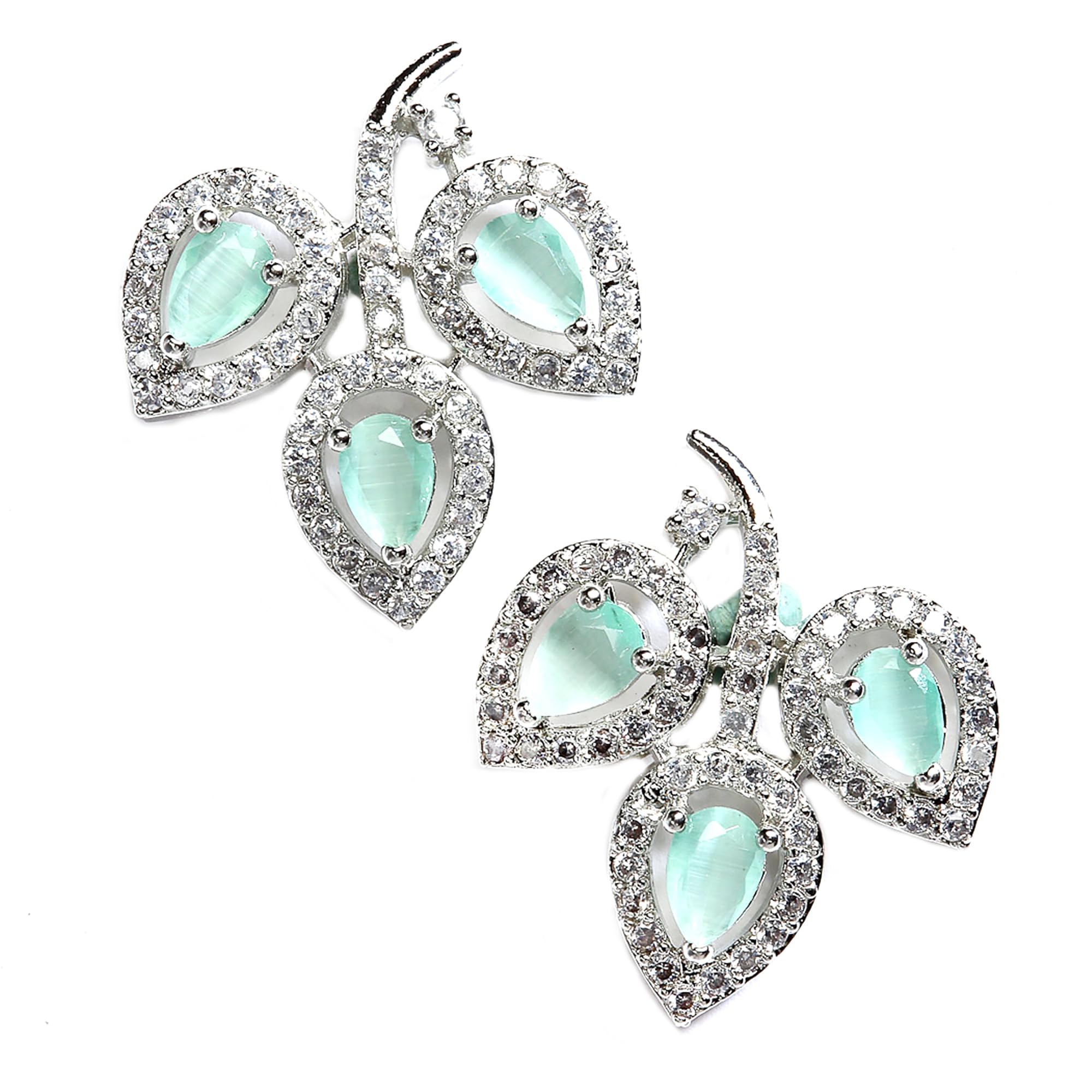 Zeneme Leaf Shaped Rhodium Plated American Diamond Stud Earring For Women And Girls (Mint Green)
