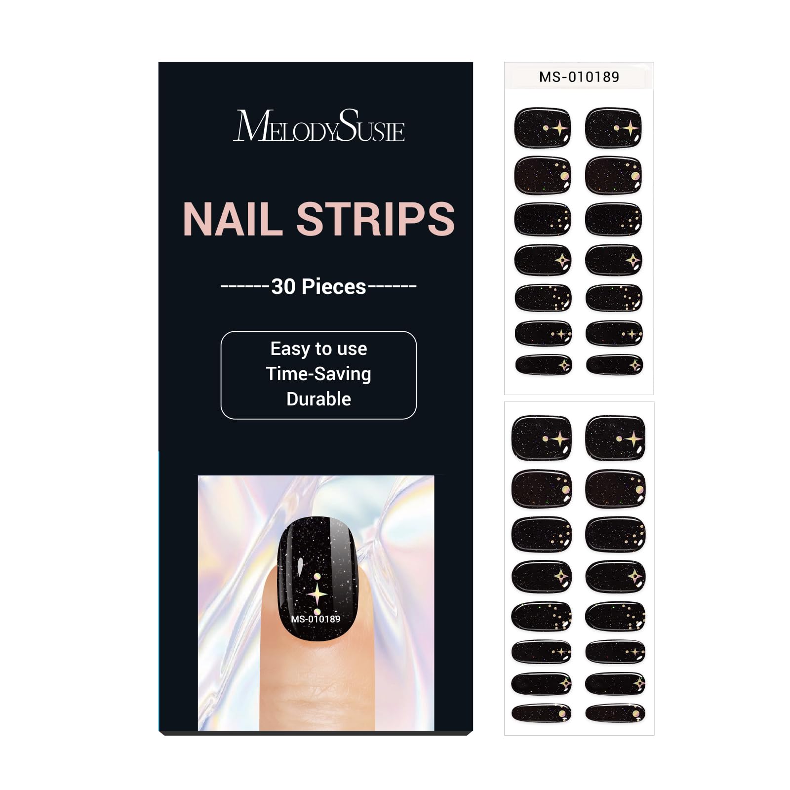 MelodySusie Semi Cured Gel Nail Strips (Dark Glitter Stars)- Works with Nail lamp, Salon-Quality, Long Lasting, Easy to Apply & 