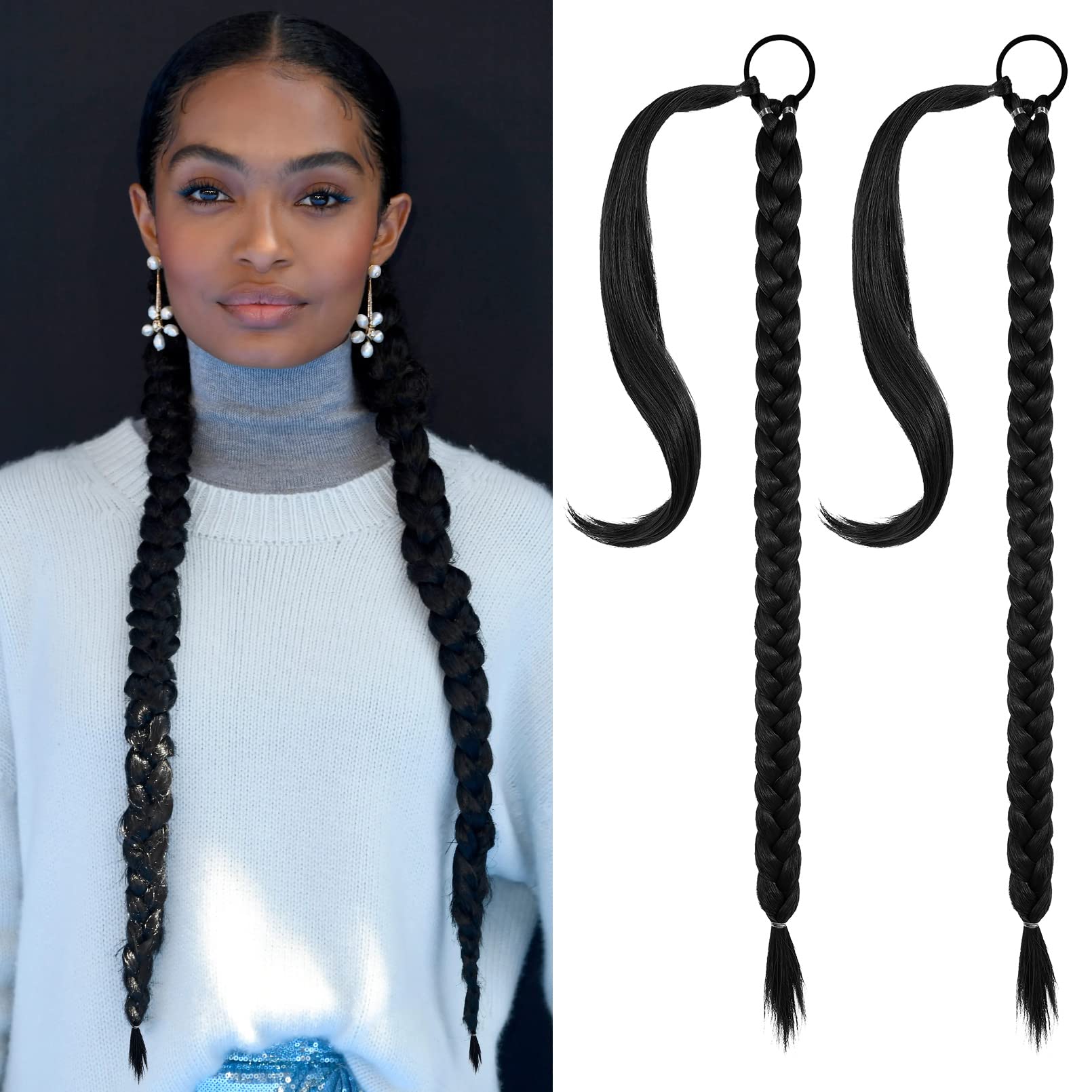 SEIKEA 2PCS Long Braid Ponytail Extension with Hair Tie Long Straight Wrap Around Hair Extensions Ponytail Soft Synthetic Hair B