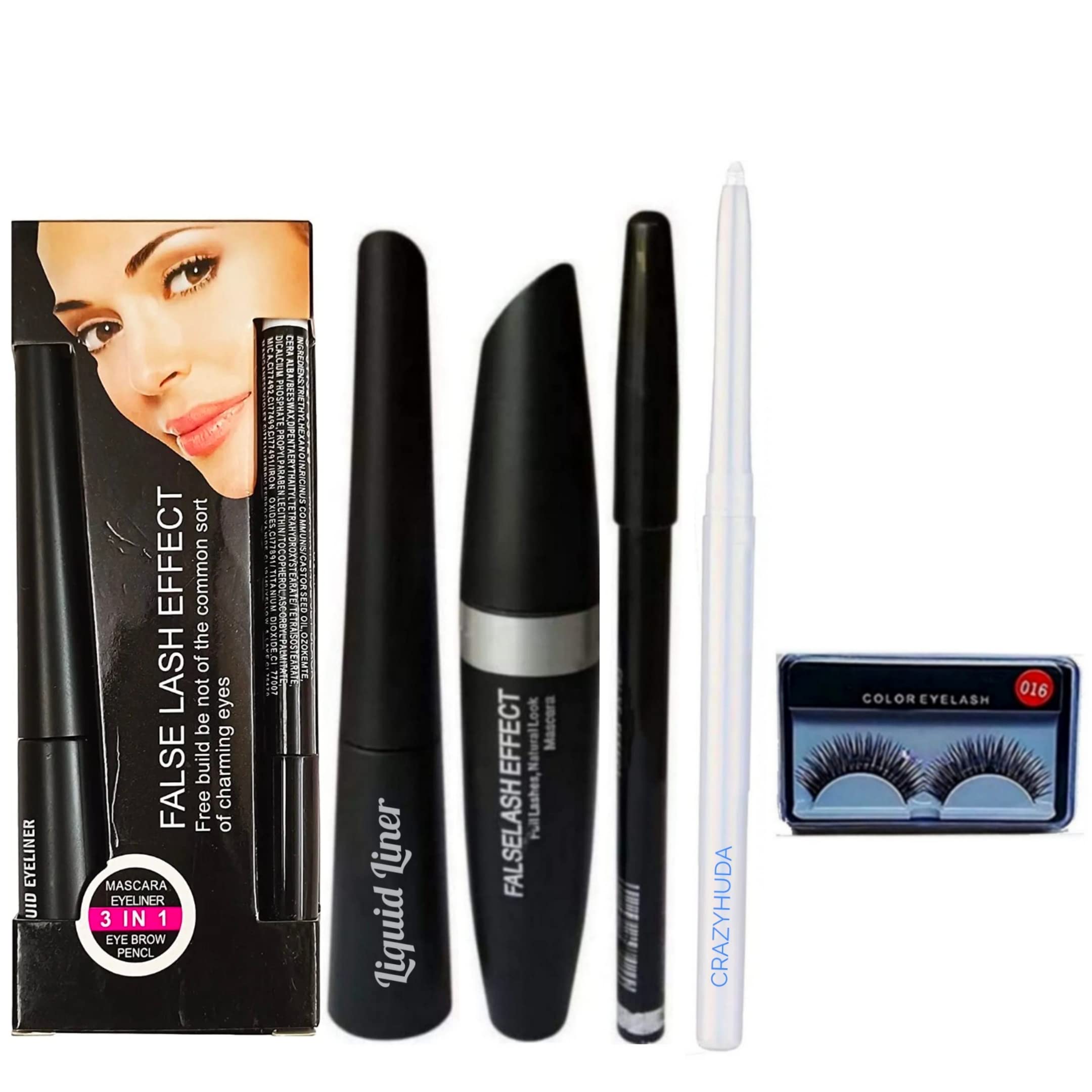 Crazy Huda Professional Combo Waterproof Eyeliner, Mascara, Eyebrow Pencil, Kajal With White Kajal & Eyelash Set Of 5