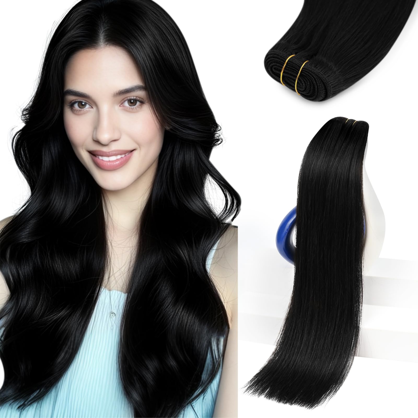 Sunny Hair Sew in Hair Extensions Real Human Hair 20 Inch Double-Wefted Bundles Jet Black Hand-Tied Long Straight Smooth Hair We