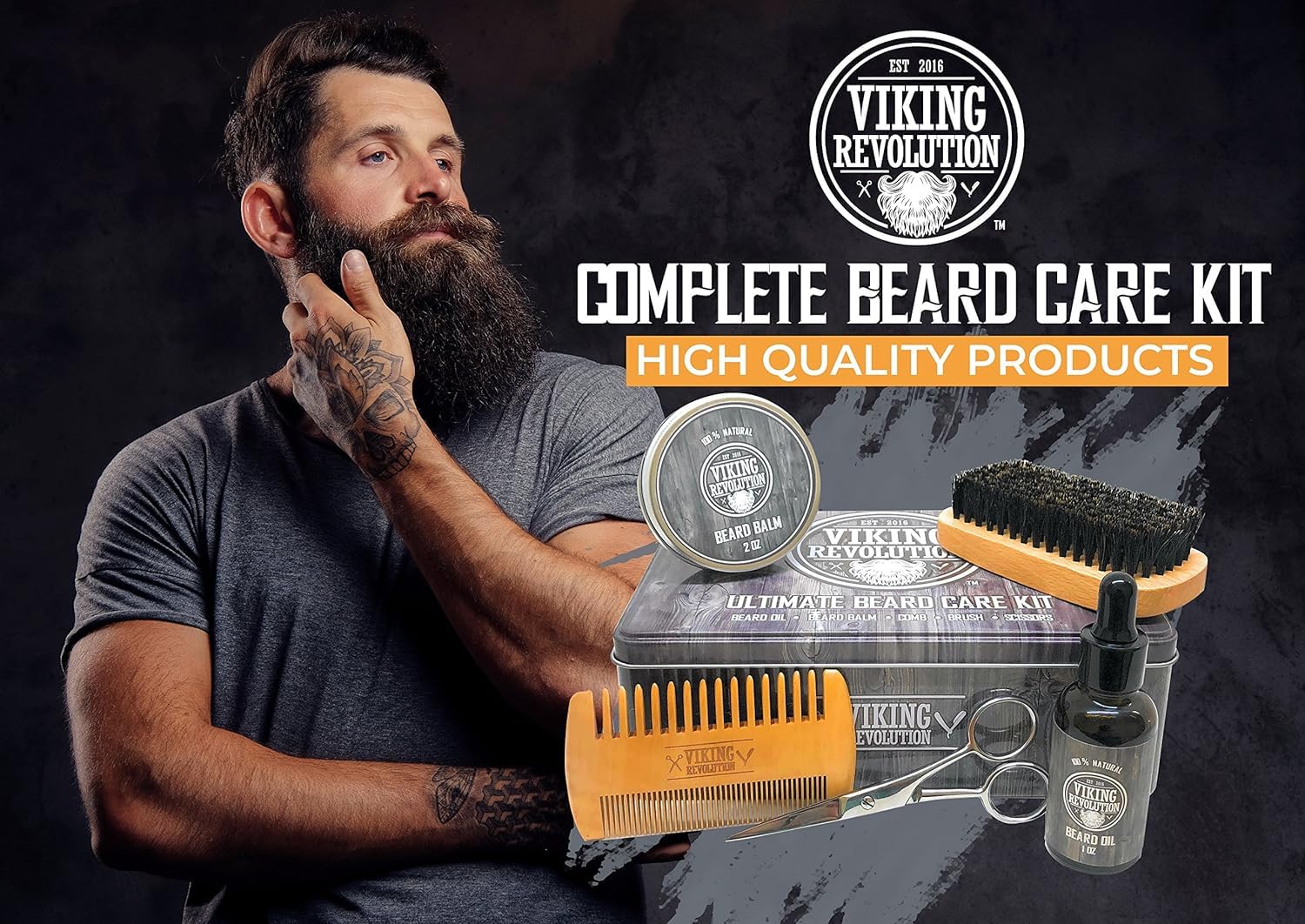 Viking Revolution Beard Care Kit For Men - Kit Includes 100% Boar Beard Brush, Wooden Comb, Beard Balm, Beard Oil, Beard & Musta