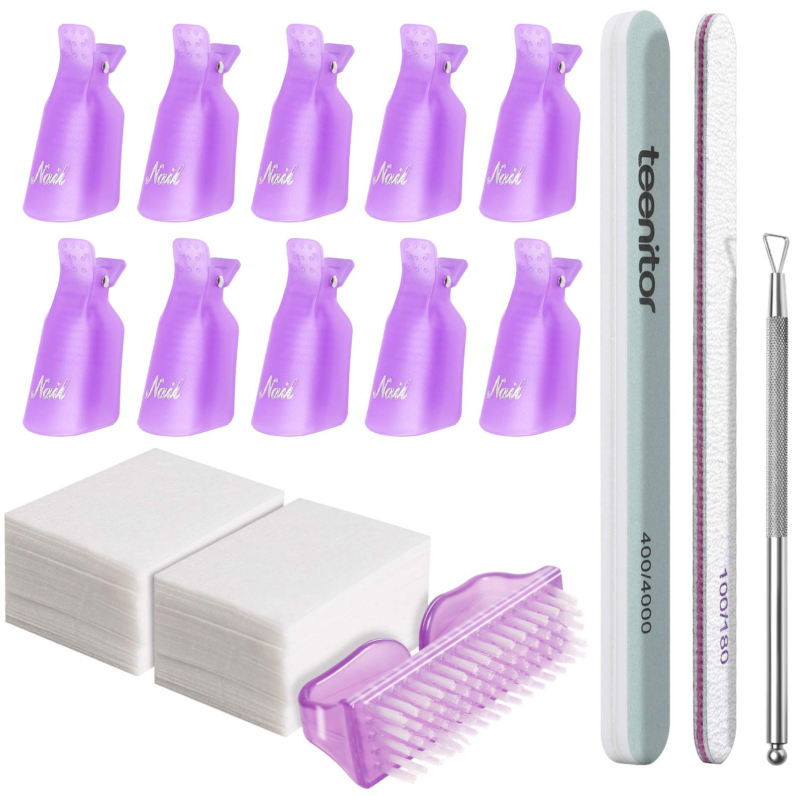 Teenitor Nail Polish Gel Remover Tools Kit With Nail Clips Nail Remover Pads Cuticle Pusher Nail Brushes Nail File Grits 120/180