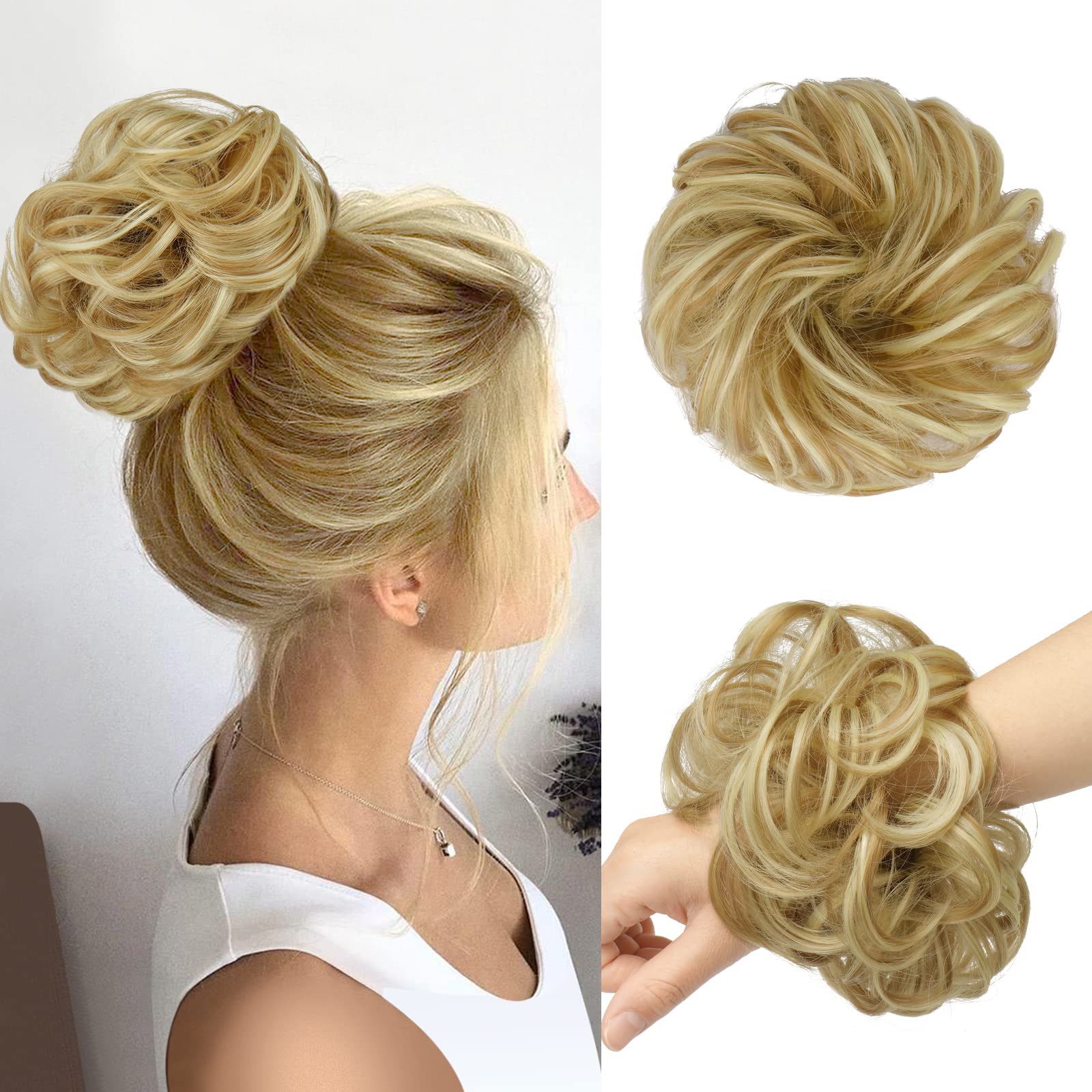 FESHFEN Messy Bun Hair Piece Curly Wavy Large Hair Bun Scrunchies Extensions Honey Blonde & Bleach Blonde Synthetic Tousled Updo